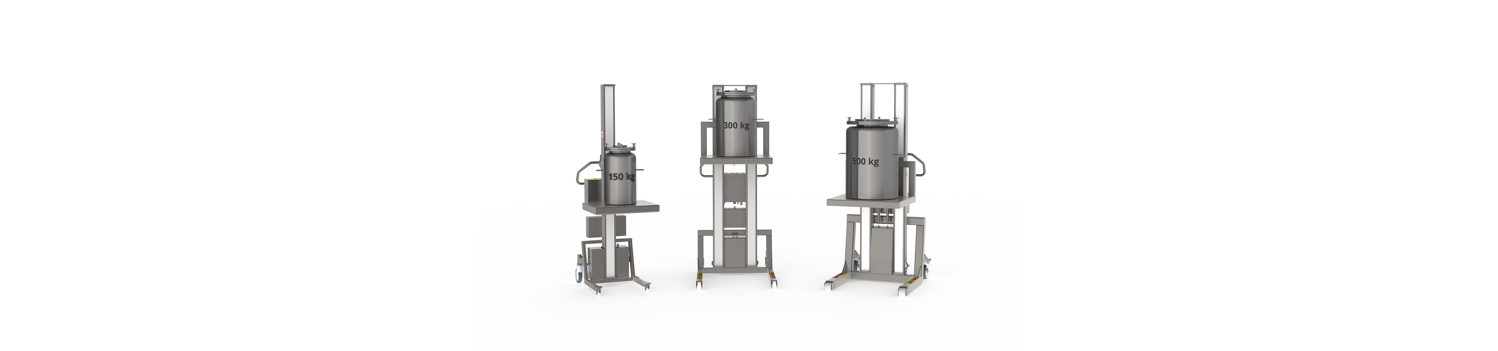 GMP-optimized electric lift solutions for biotech and pharma that can lift 150 kg, 300 kg, and 500 kg (including lifting tool). Three stainless steel lifters lifting special containers.