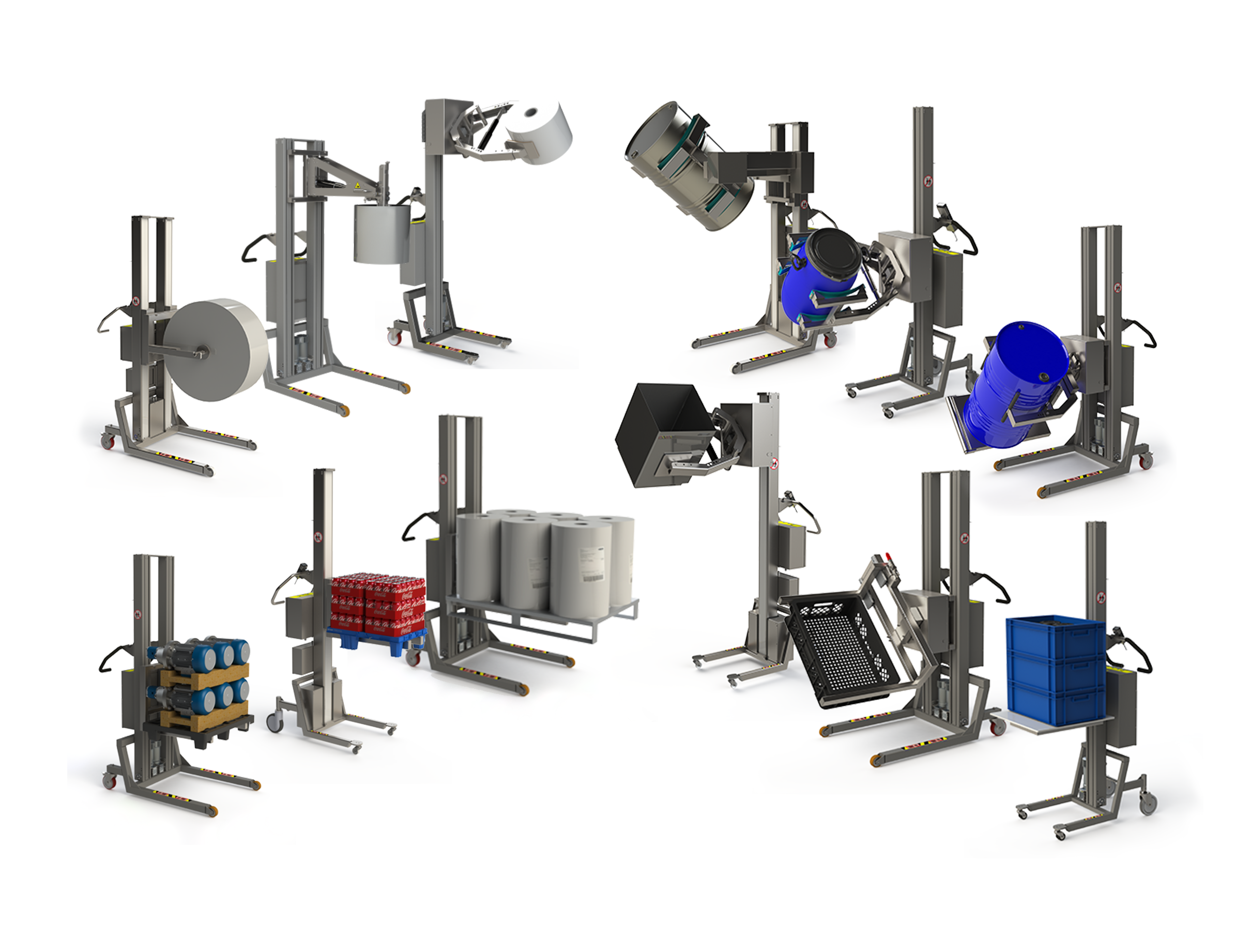 Lifting and handling solutions such as roll lifting equipment, drum handling equipment, electric pallet stacker products and lifting devices for boxes.