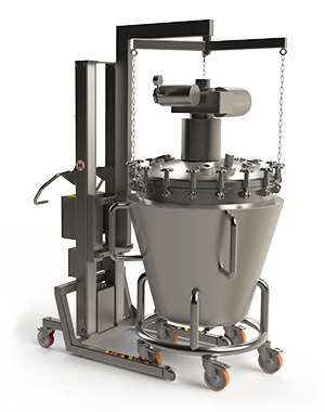 Specialist lifting equipment: stainless steel cleanroom electric lifter with bespoke boom arm and chains and hooks for lifting a lid on a mixer. 2Lift ApS.