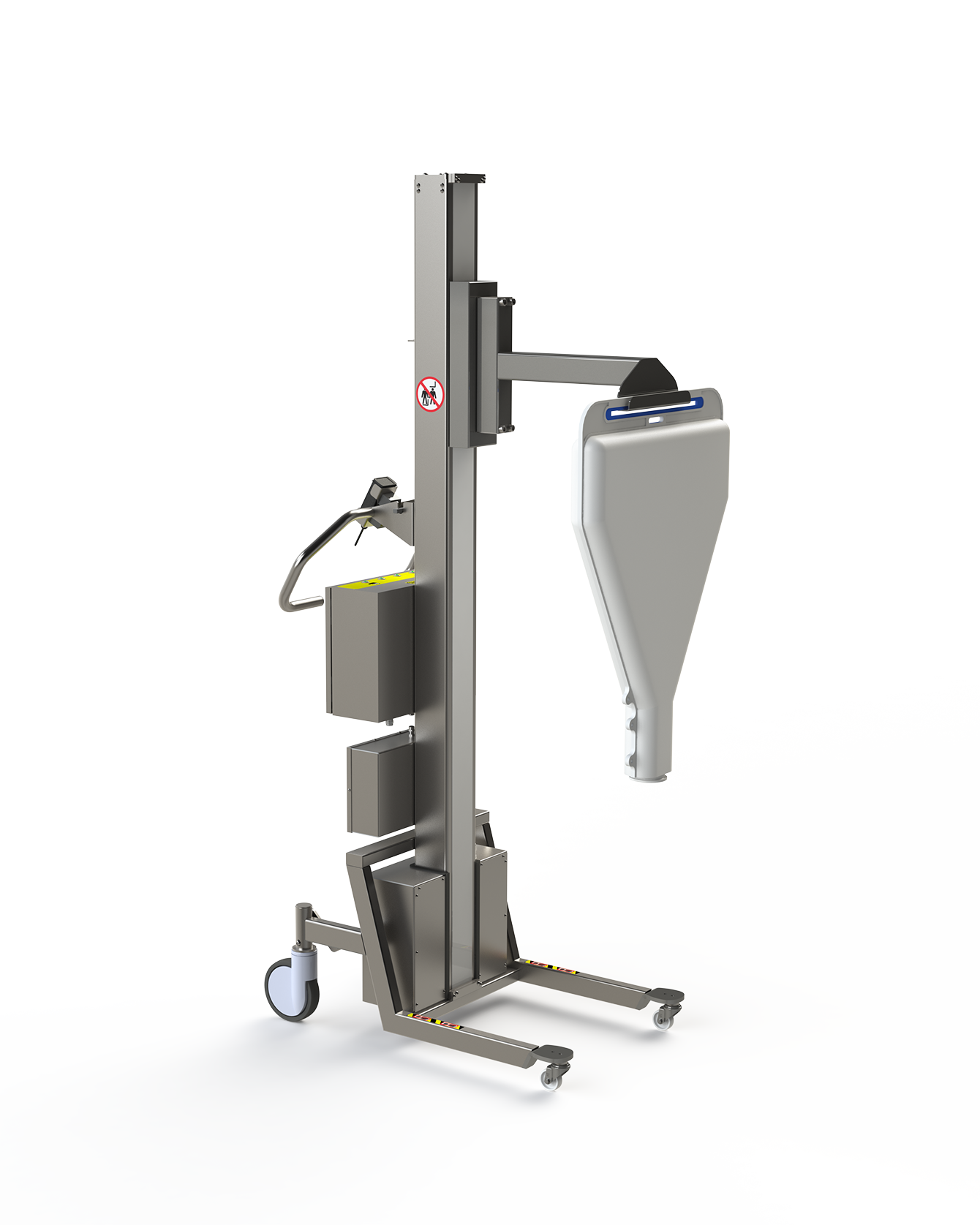 Custom designed lifter tool for holding a special bag on a 150 kg pharma lifter.