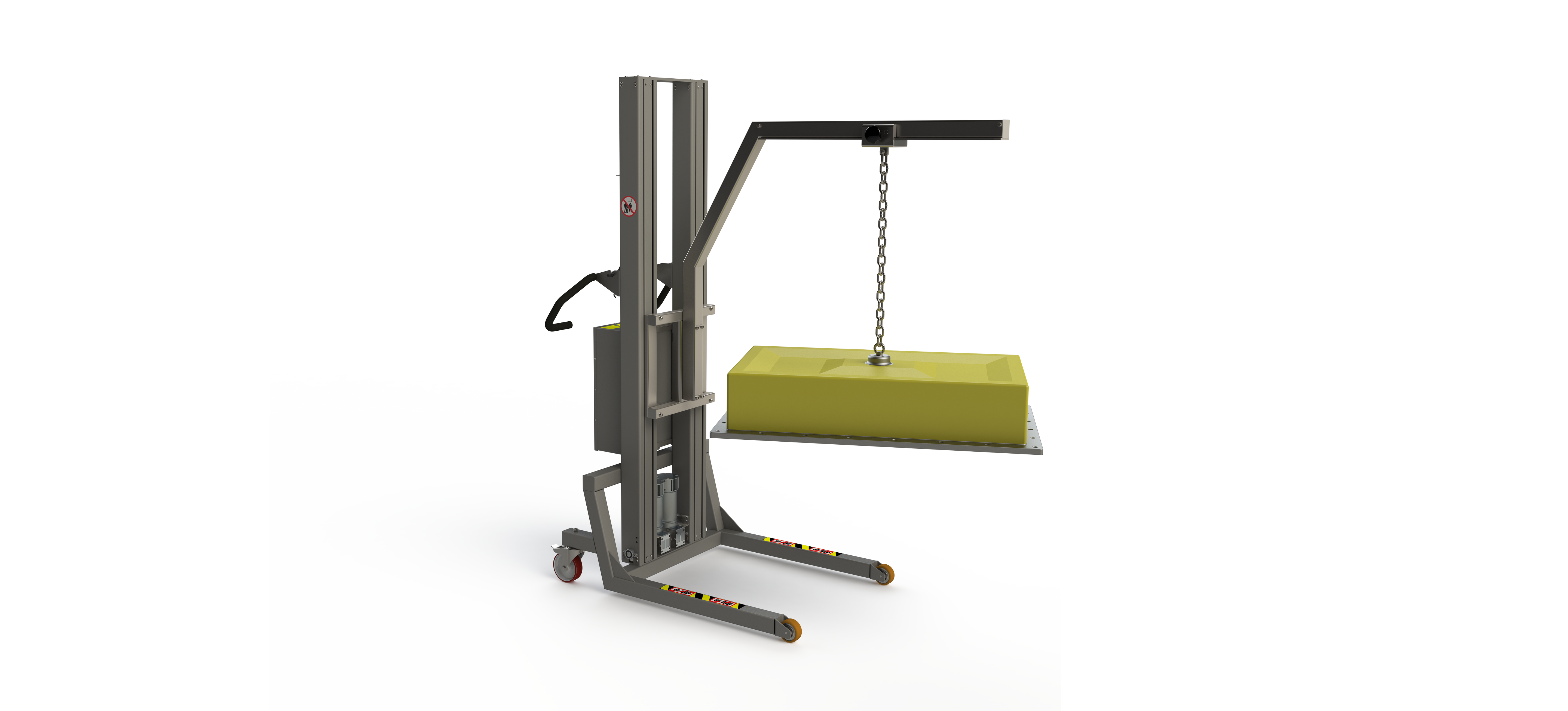 Custom designed crane lifter with a boom arm and rail system for lifting objects like heavy plates, here a machine cover. 2Lift ApS.