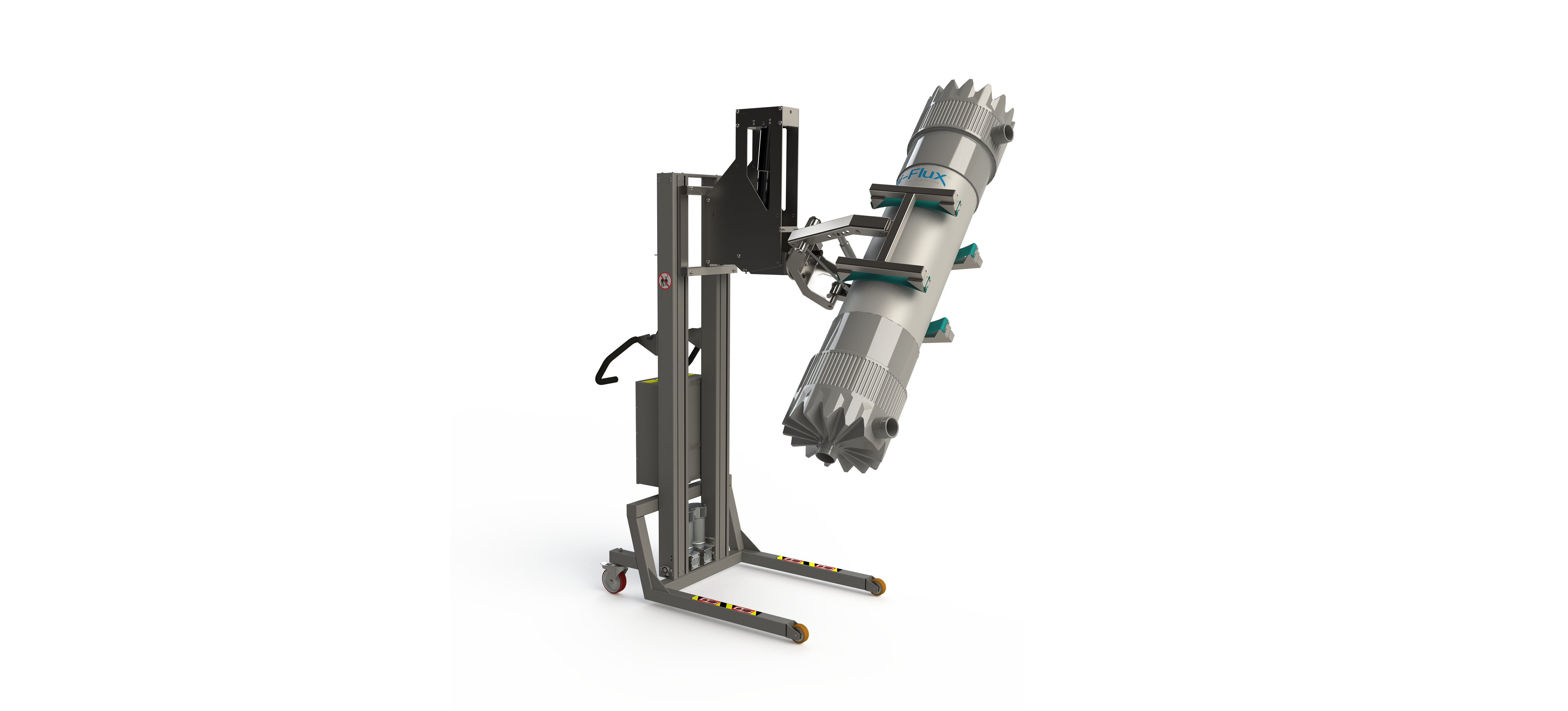 Specially designed electric cylinder handling equipment. This scissor lifting clamp can grip, tip and turn cylinders. 2Lift ApS.