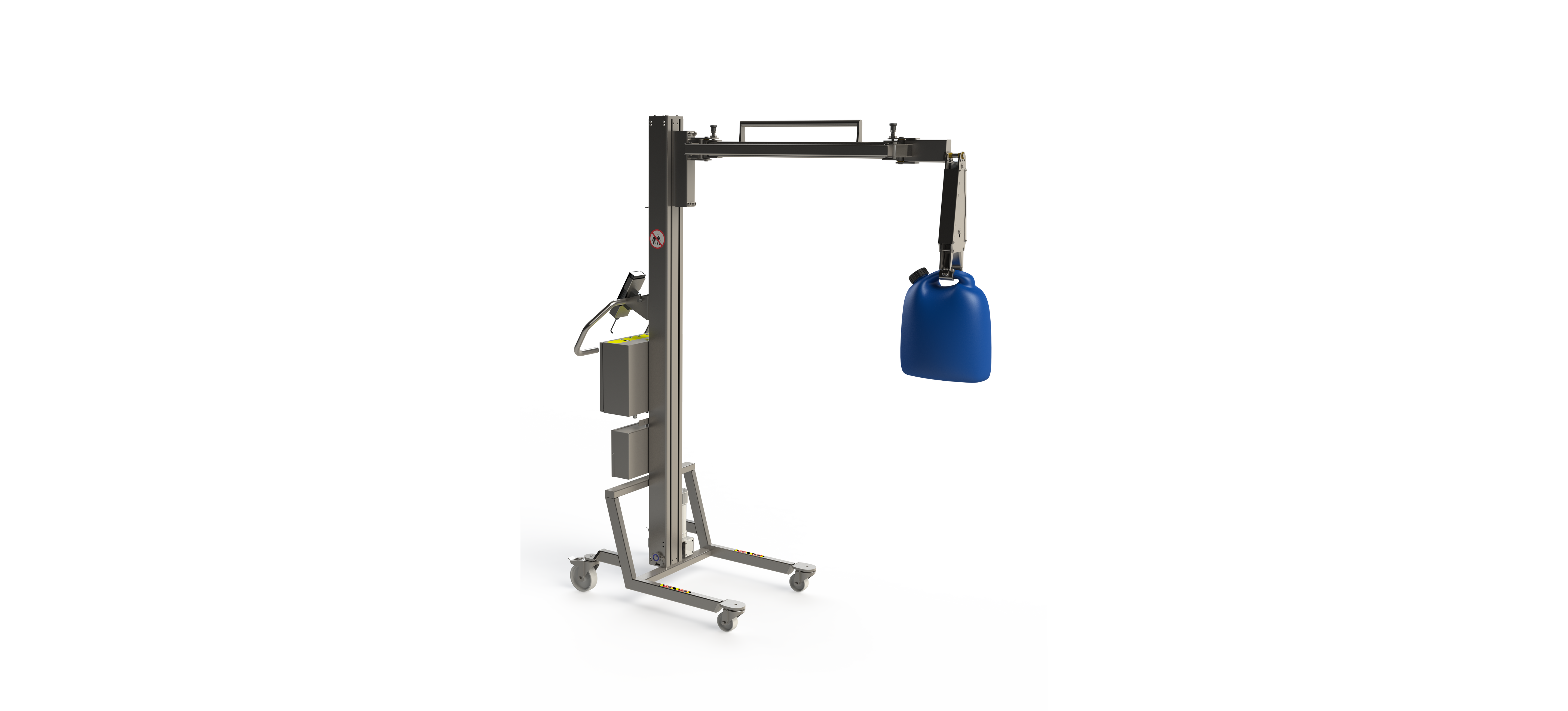 Customised lifting mechanism for gripping cans. The load is lifted via an electric gripper. 2Lift Aps.
