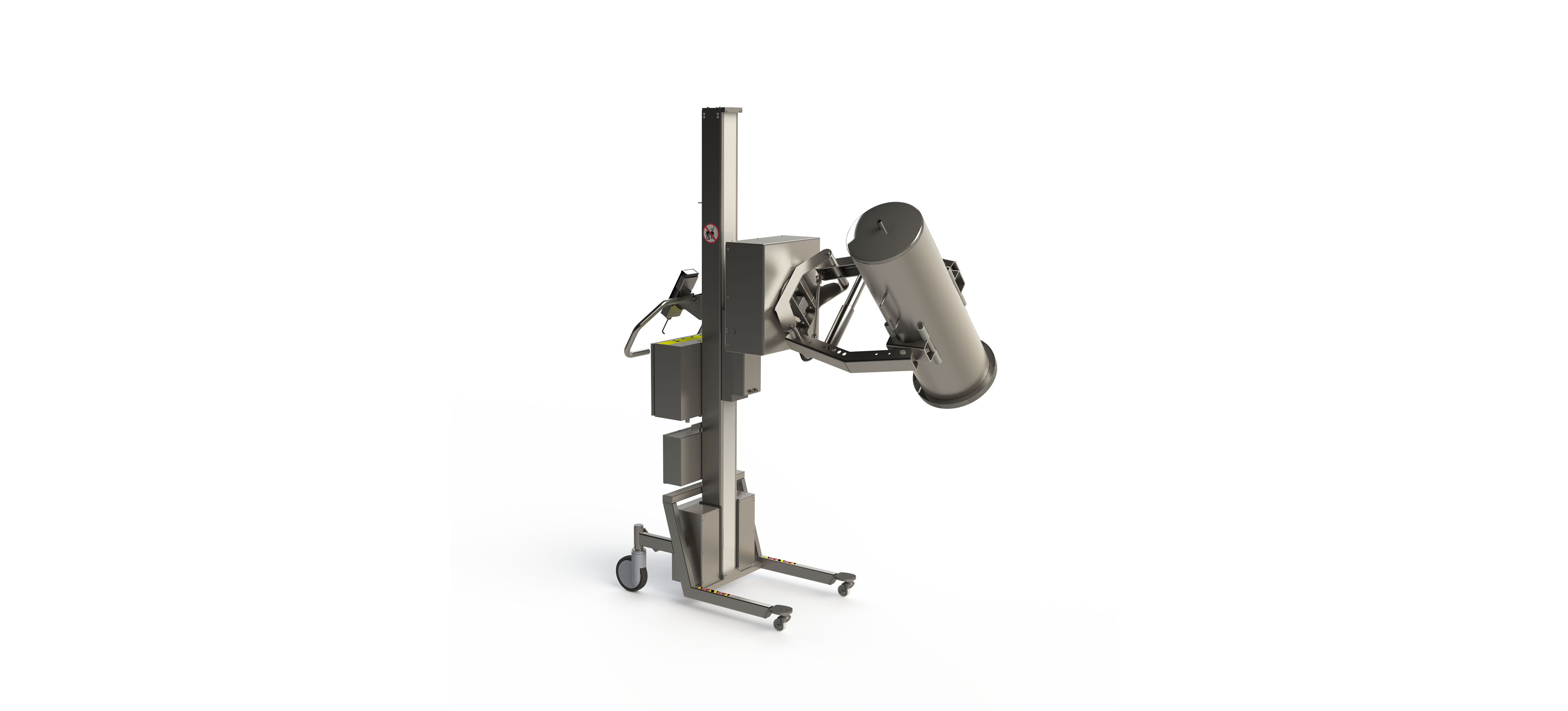 Bespoke cleanroom electric lifter for handling (lifting and rotating) a filter housing (cylinder object). The lifter tool consists of a rotation unit with a scissor lift clamp. 2Lift ApS.