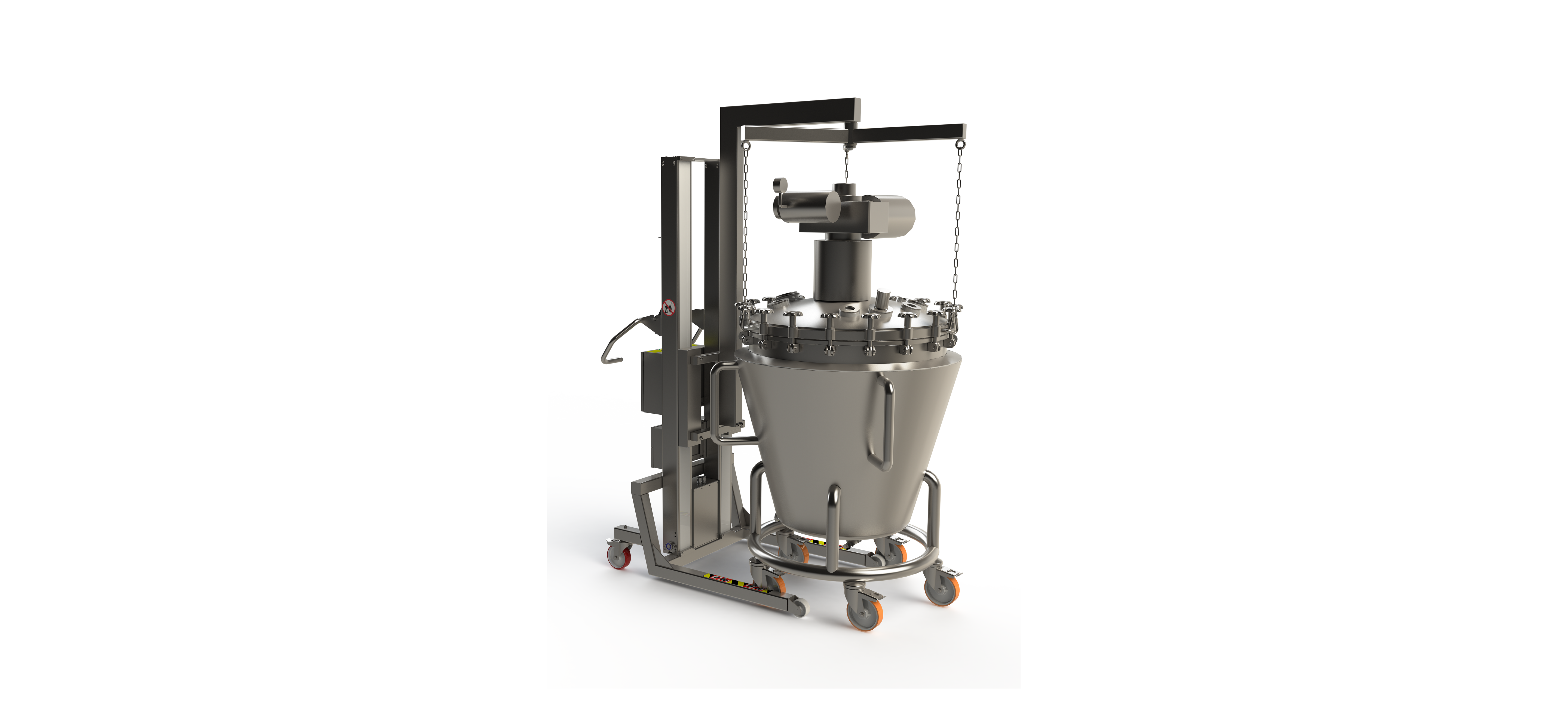 Specialist lifting equipment: stainless steel cleanroom electric lifter with bespoke boom arm and chains and hooks for lifting a lid on a mixer. 2Lift ApS.