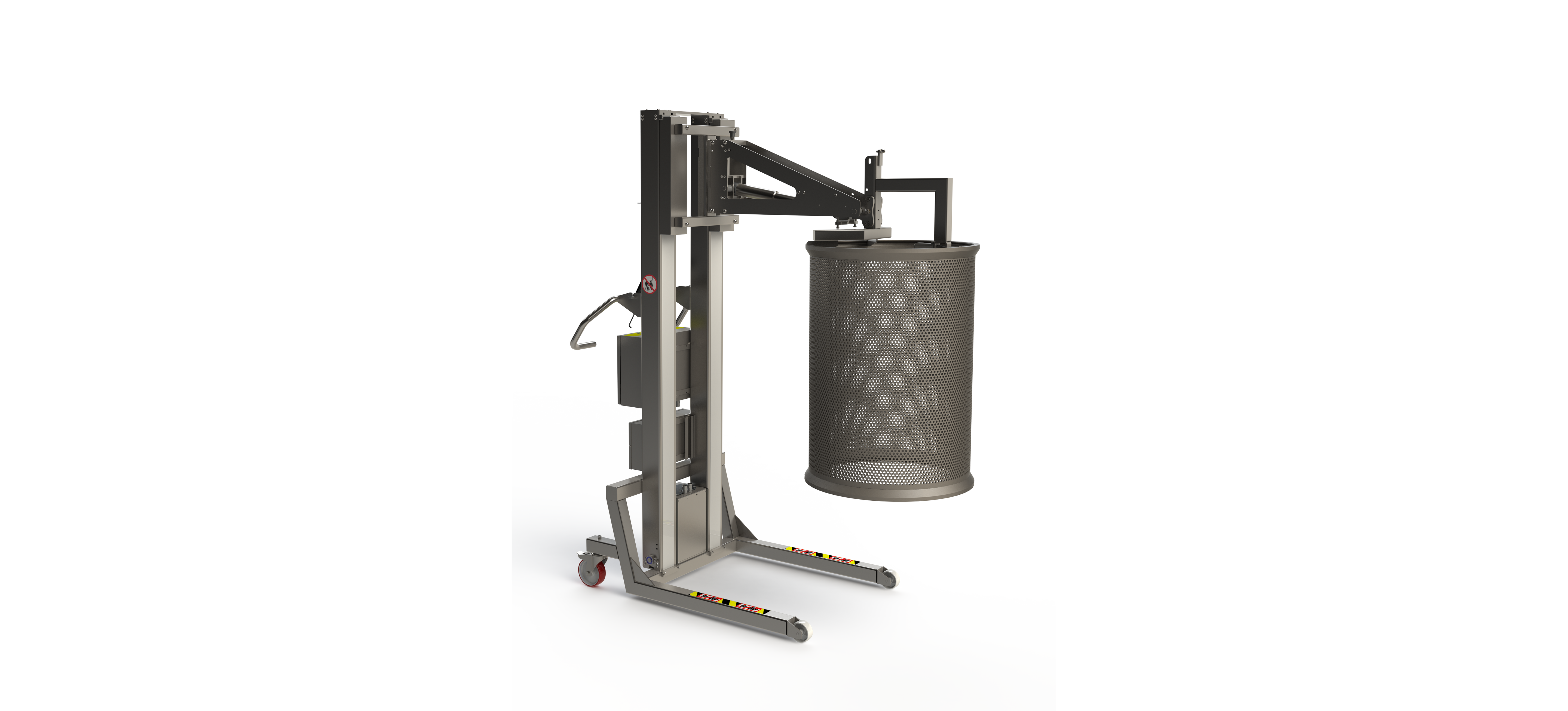 Smart, customised, industrial lifting system with a manual gripper to lift and tip a large filter. 2Lift ApS.