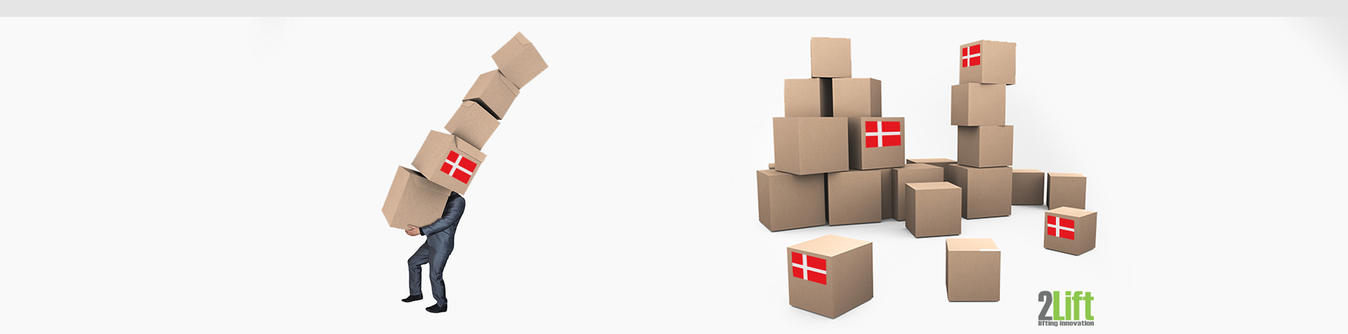 Regler for tunge løft i Danmark. Mand, som bærer en stak med papkasser, hvoraf en af dem bærer det danske flag.