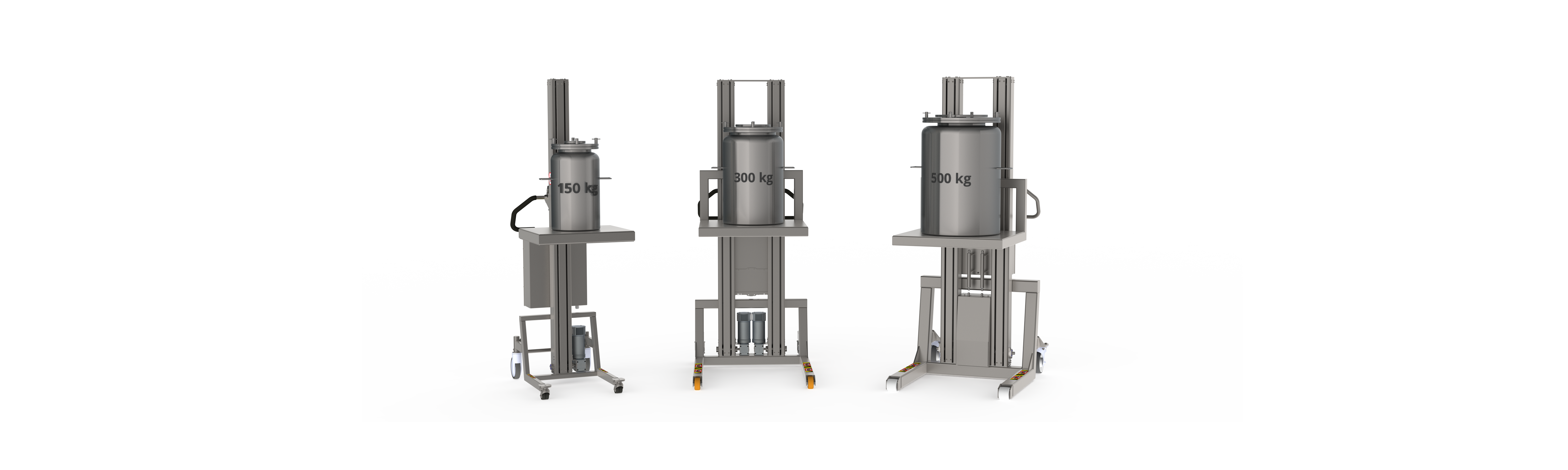Strong cleaning-friendly vertical lifts in stainless steel able to lift up 150 kg, 300 kg and 500 kg (including lifting tool). Here the lifting machines are lifting metal containers via a platform.