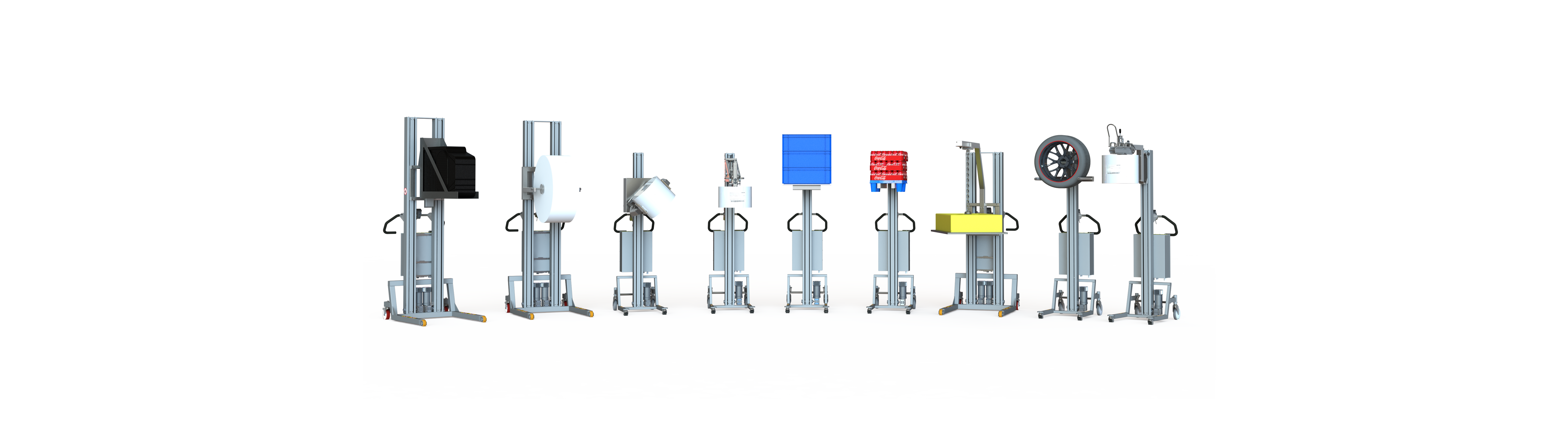 A row of different lifting machines in various weight classes lifting many different types of loads e.g. rolls, boxes, quarter pallets, tyres and more.