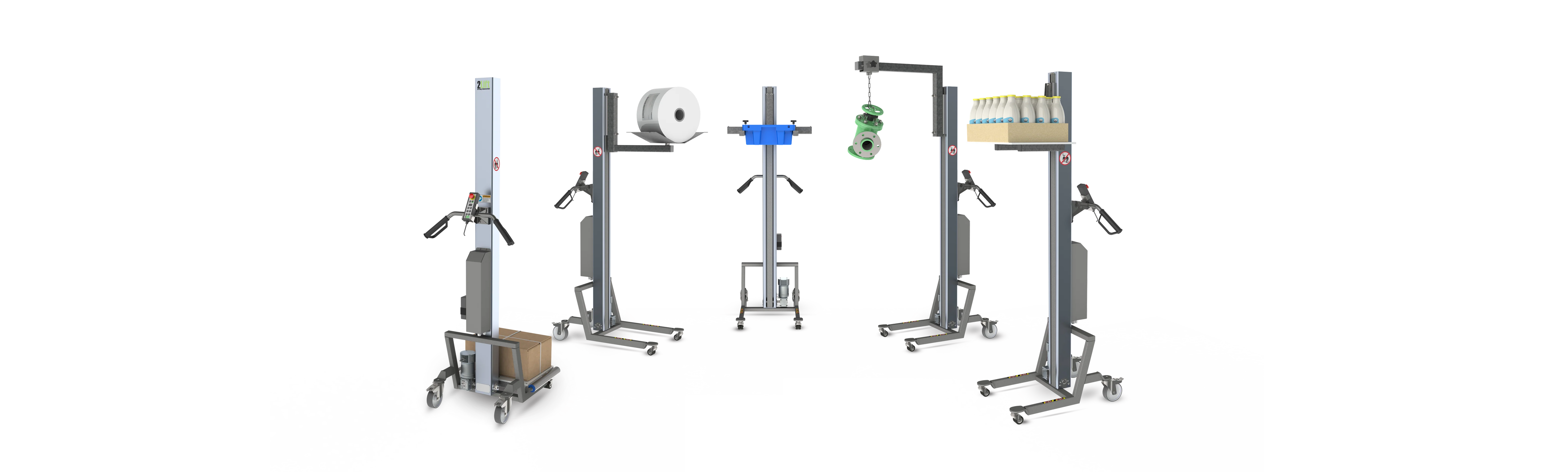 Display of our B-line lightweight aluminium electric lifters with different lifting tools and loads, such as platforms, forks, crane arms and more.