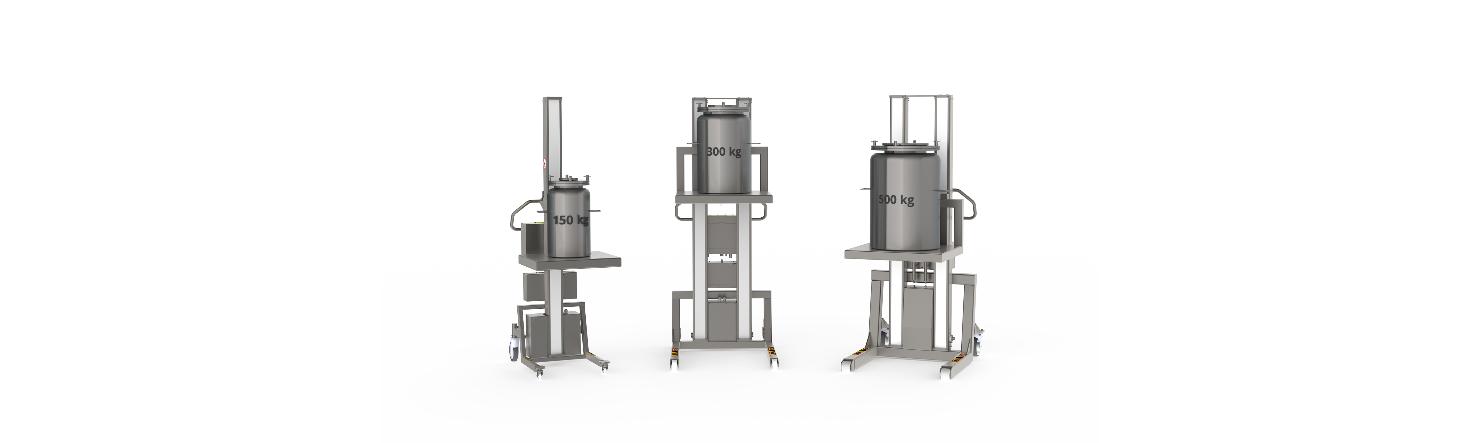 GMP-optimized electric lift solutions for biotech and pharma that can lift 150 kg, 300 kg, and 500 kg (including lifting tool). Three stainless steel lifters lifting special containers.