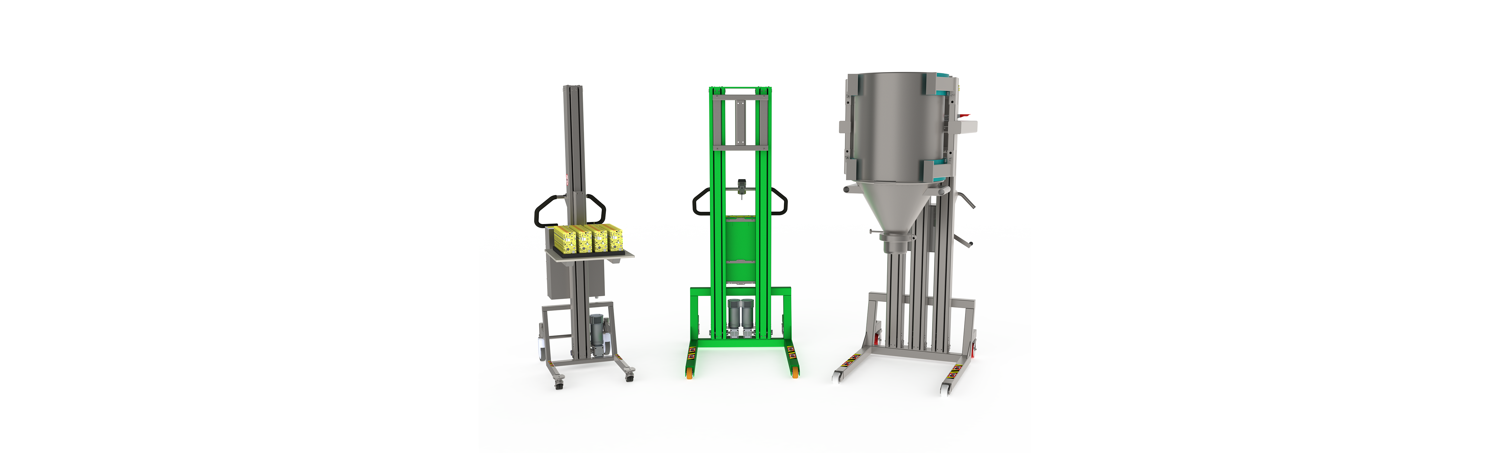 Image of various lifting equipment - three high quality lifters: one is equipped with a docking system, another is painted in a green RAL colour, and yet another consists of three lifting columns.