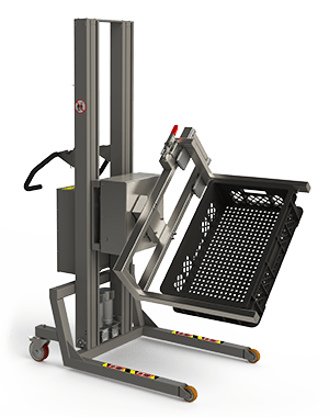 Intelligent handling machine with custom designed fork to lift and empty an ERU black plastic box. 2Lift ApS.