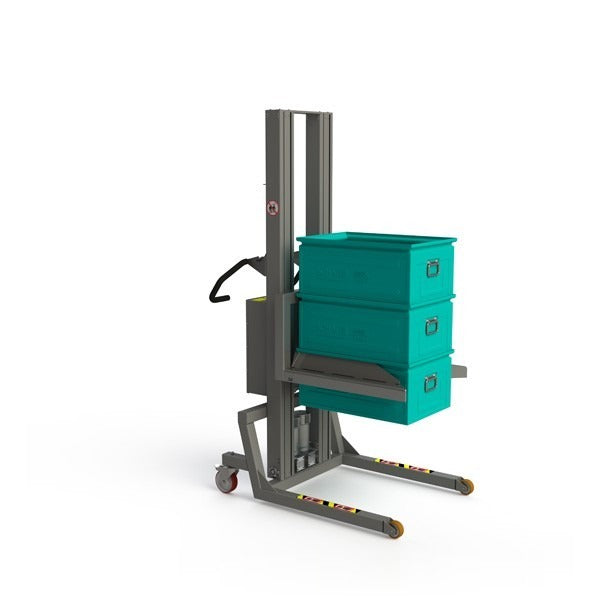 Strong material lifting equipment with a fork fitted with self-clamping edges ideal for lifting metal boxes.