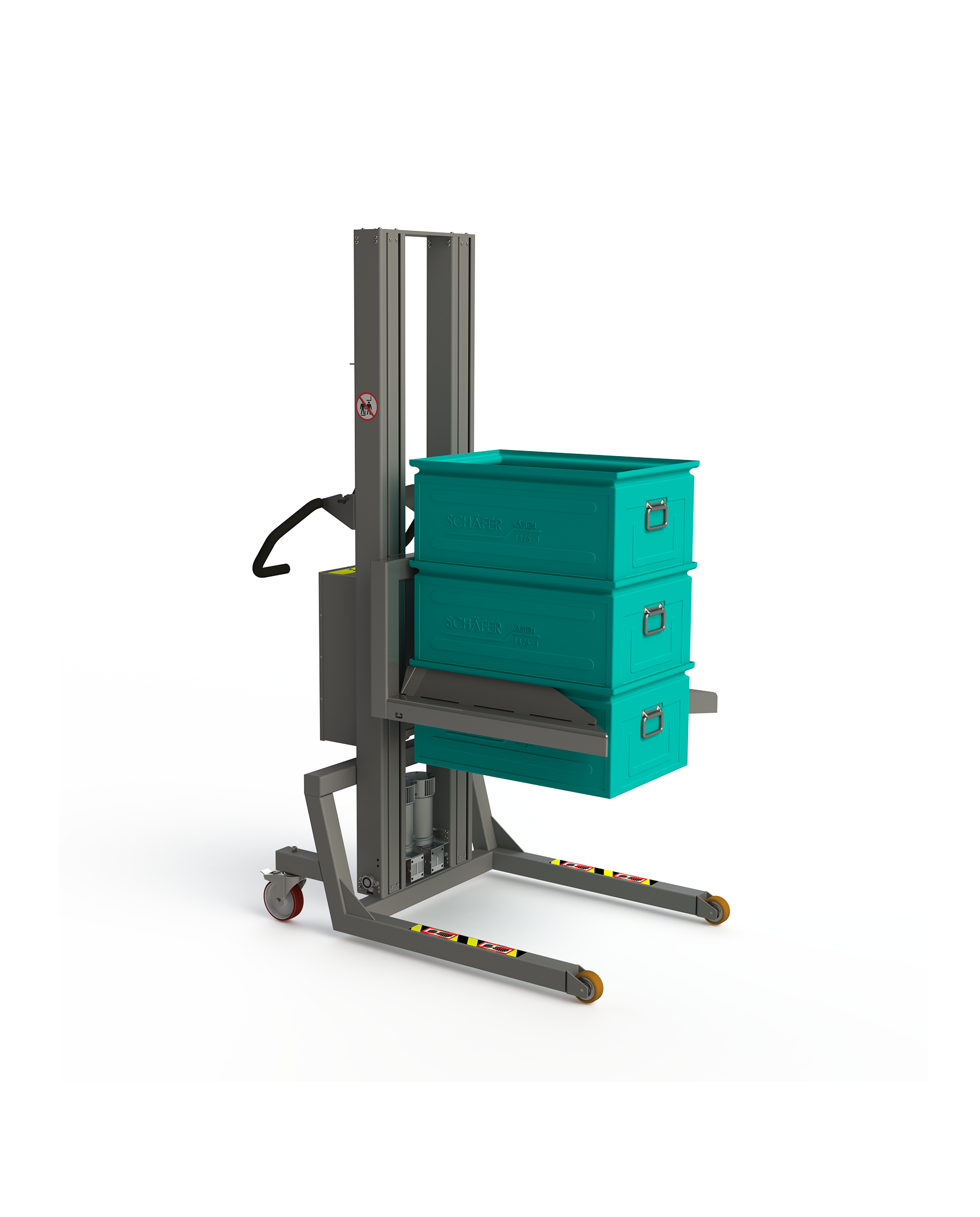 Strong material lifting equipment with a fork fitted with self-clamping edges ideal for lifting metal boxes.