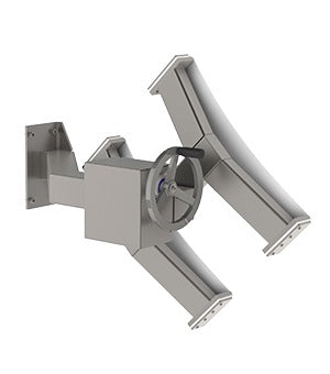 This manual tipping unit (MTU) with a clamp mounted on roll or drum lifts allows for safe forward tipping of loads. The motion is carried our via a handle.