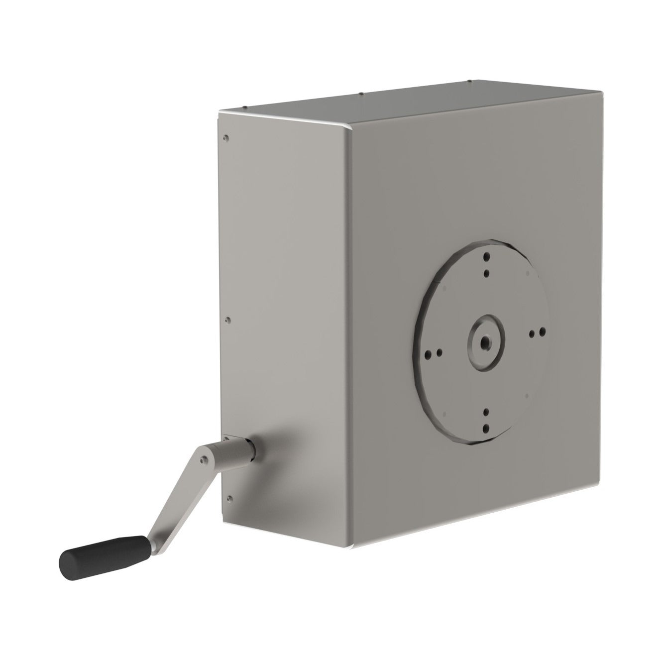 Manual rotation unit (MRU) for rotating heavy loads. This flexible rotation tool combined with either drum, roll or cylinder handling equipment allows for safe manual turning of loads via a handle. From the front, picture 2.