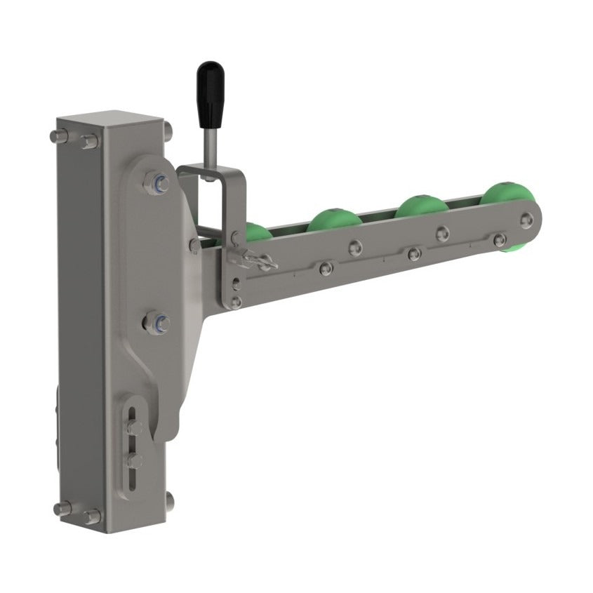 Used as a reel, roll and paper handler, the roller mandrel (RM), will fit on all our modularly built vertical lifts. From the front, picture 2.