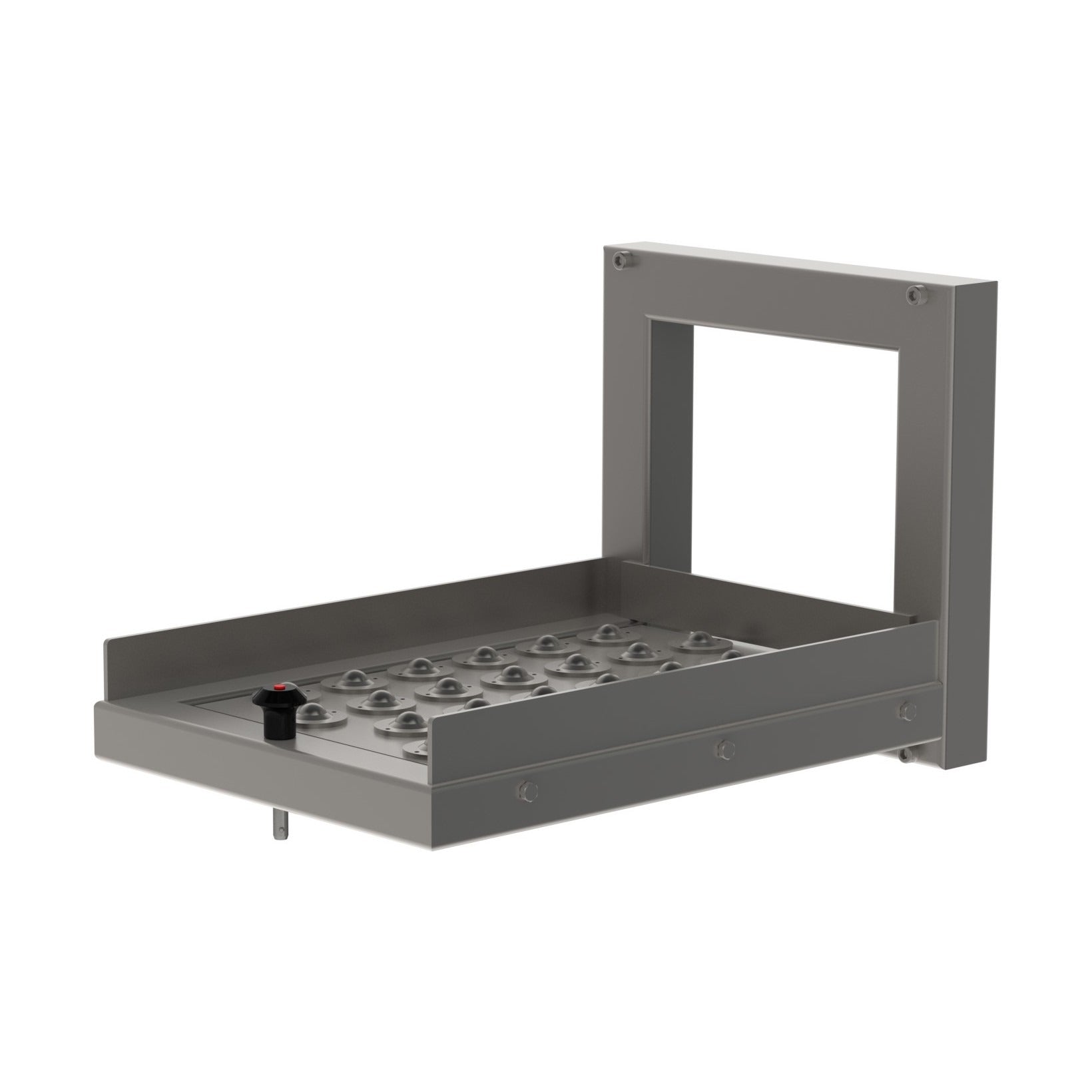 The roller platform (RP) is one of our many platform solutions for our modularly built lifting machines. The rollers facilitate easy movement of the load on the platform. From the front, picture 2.