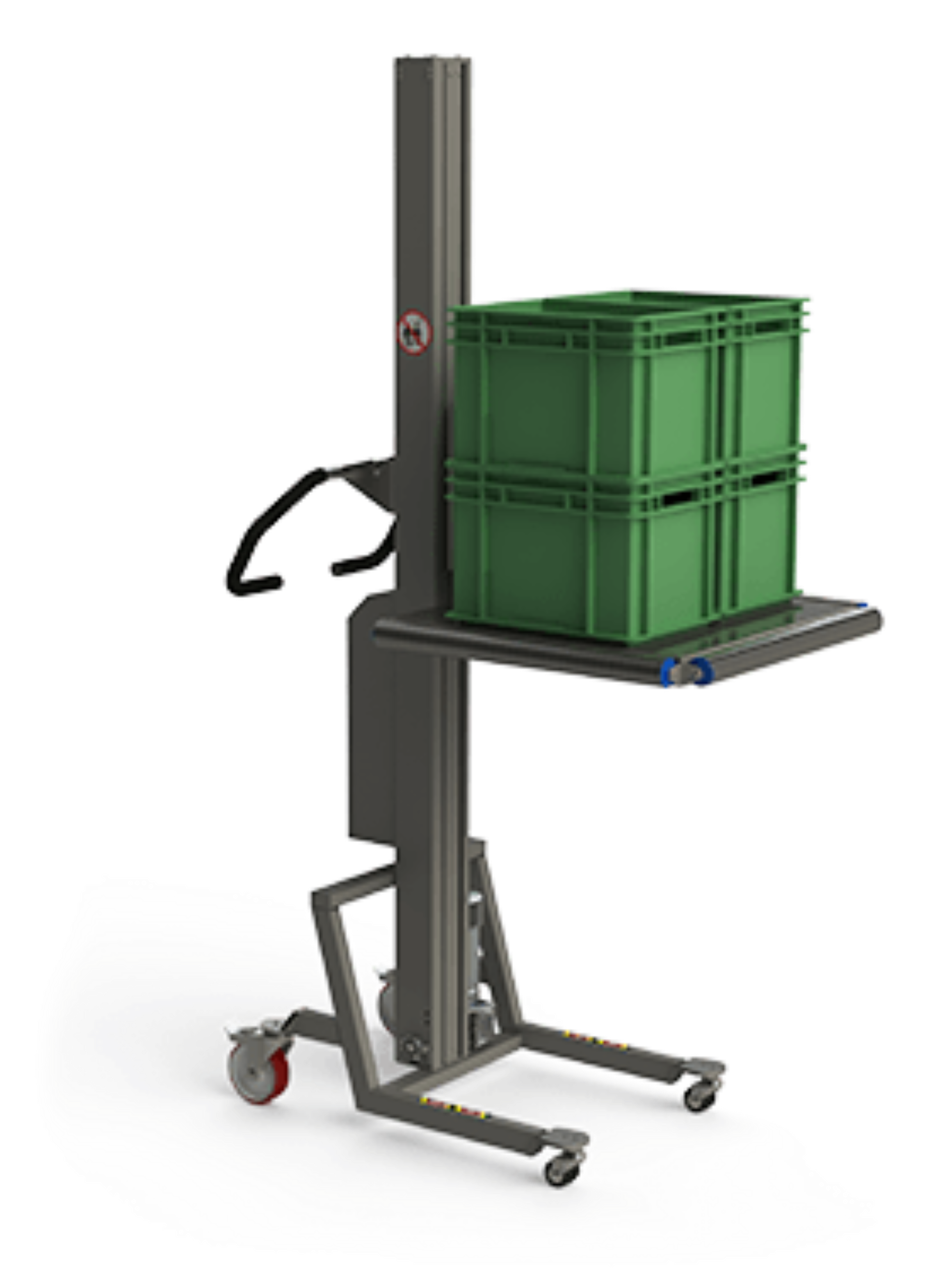 Material handling machinery for storage featuring a platform with rollers at the edges to ease loading and off-loading. On the platform are two green plastic boxes.