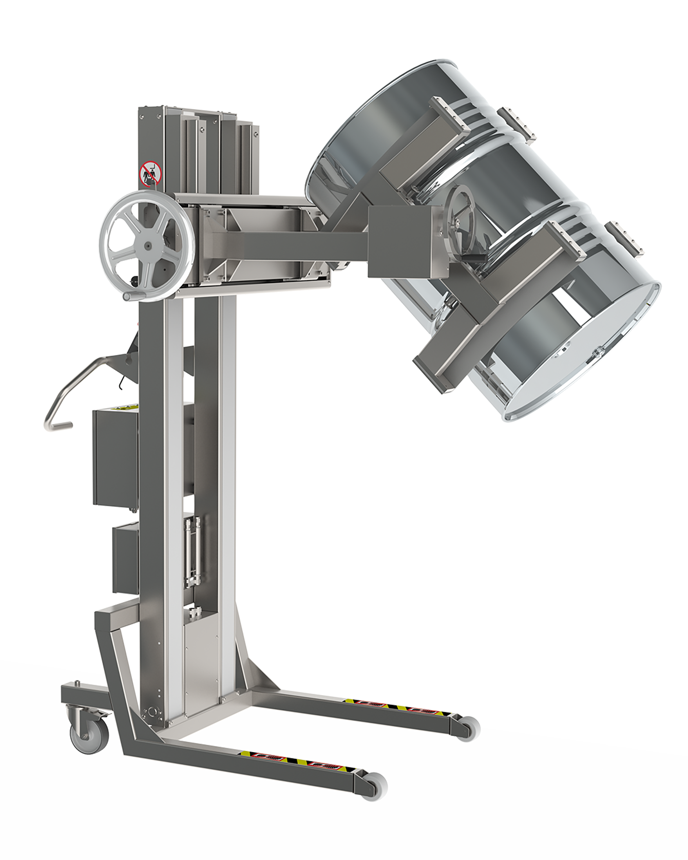 Strong and durable cleanroom drum lifting equipment for manually tipping very heavy drums forward.