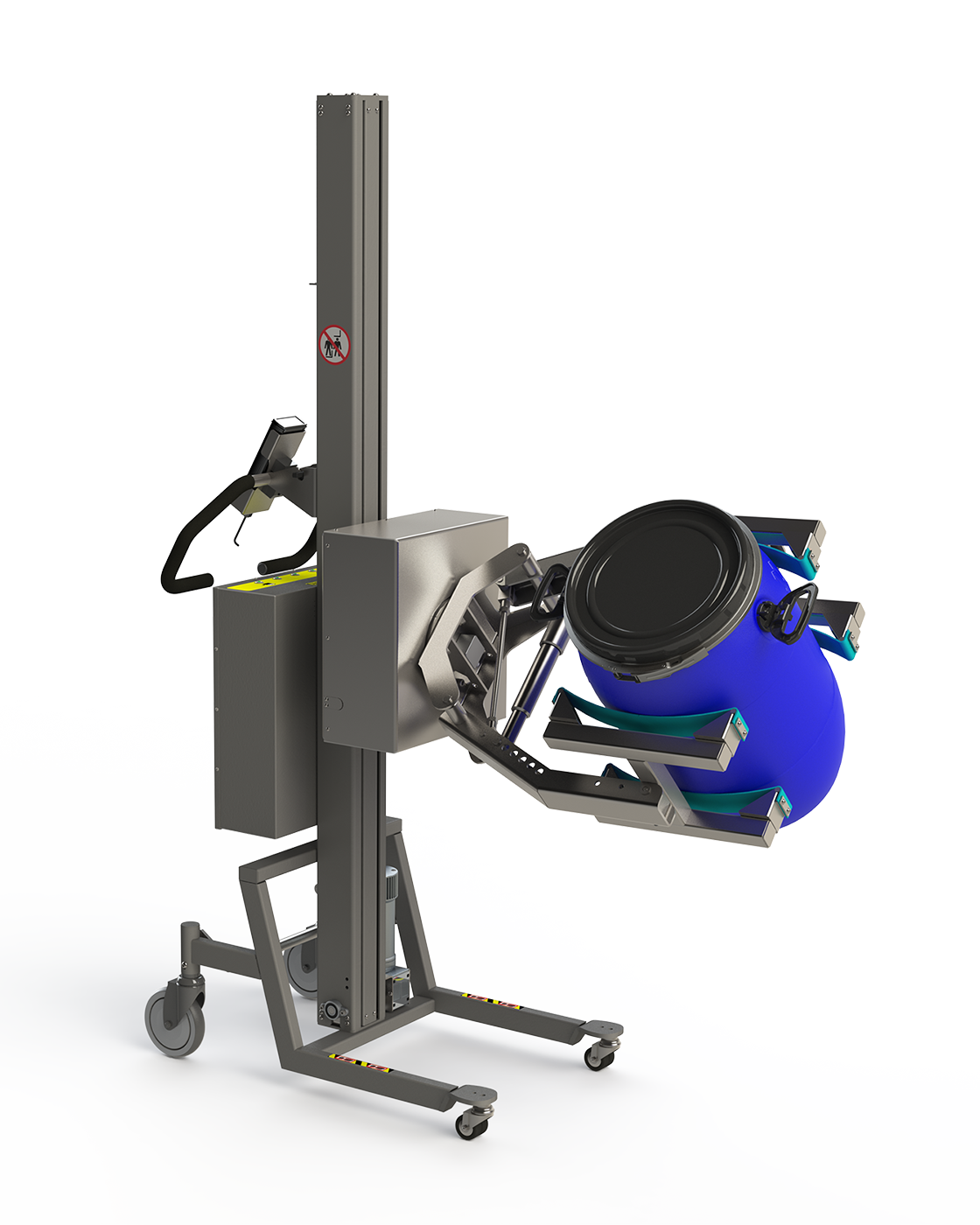 Stainless steel barrel and drum lift. The lifter tool, a scissor lift clamp, combined with a rotation unit allows for both lifting and turning the load.