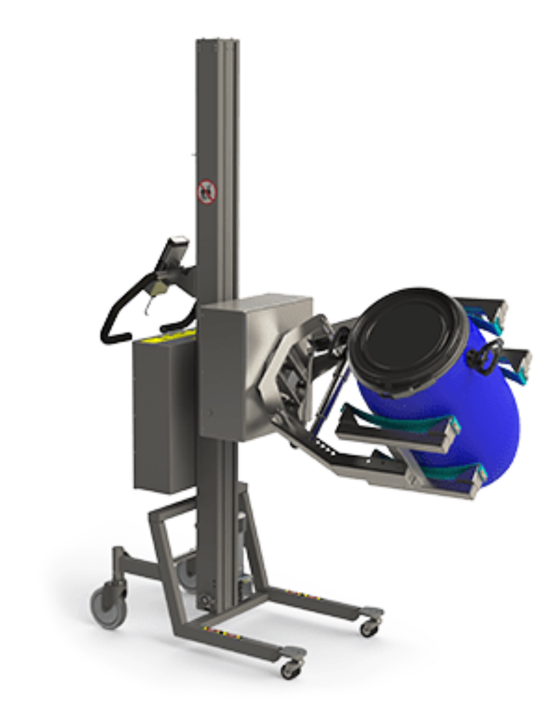 Stainless steel barrel and drum lift. The lifter tool, a scissor lift clamp, combined with a rotation unit allows for both lifting and turning the load.