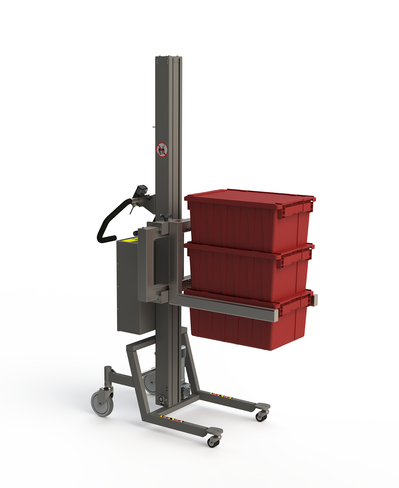 Material handling equipment with adjustable fork and red boxes.