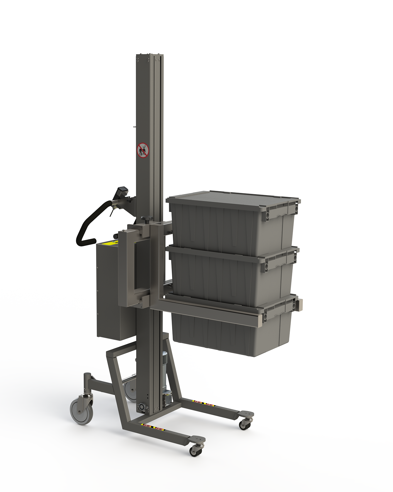 Industrial lifting and handling solution with an adjustable fork carrying boxes.