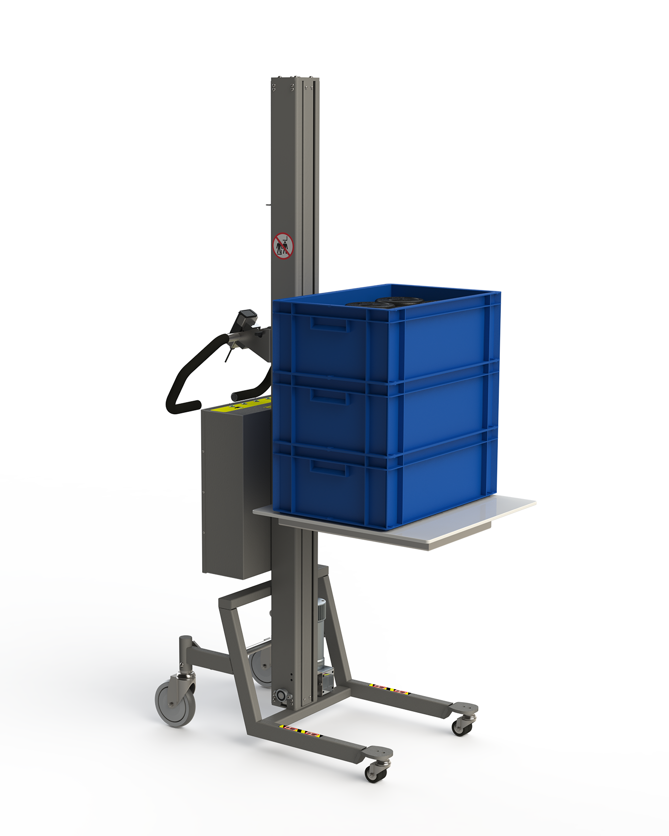 Fully electric storage material handling equipment with a nylon platform for handling e.g. boxes.