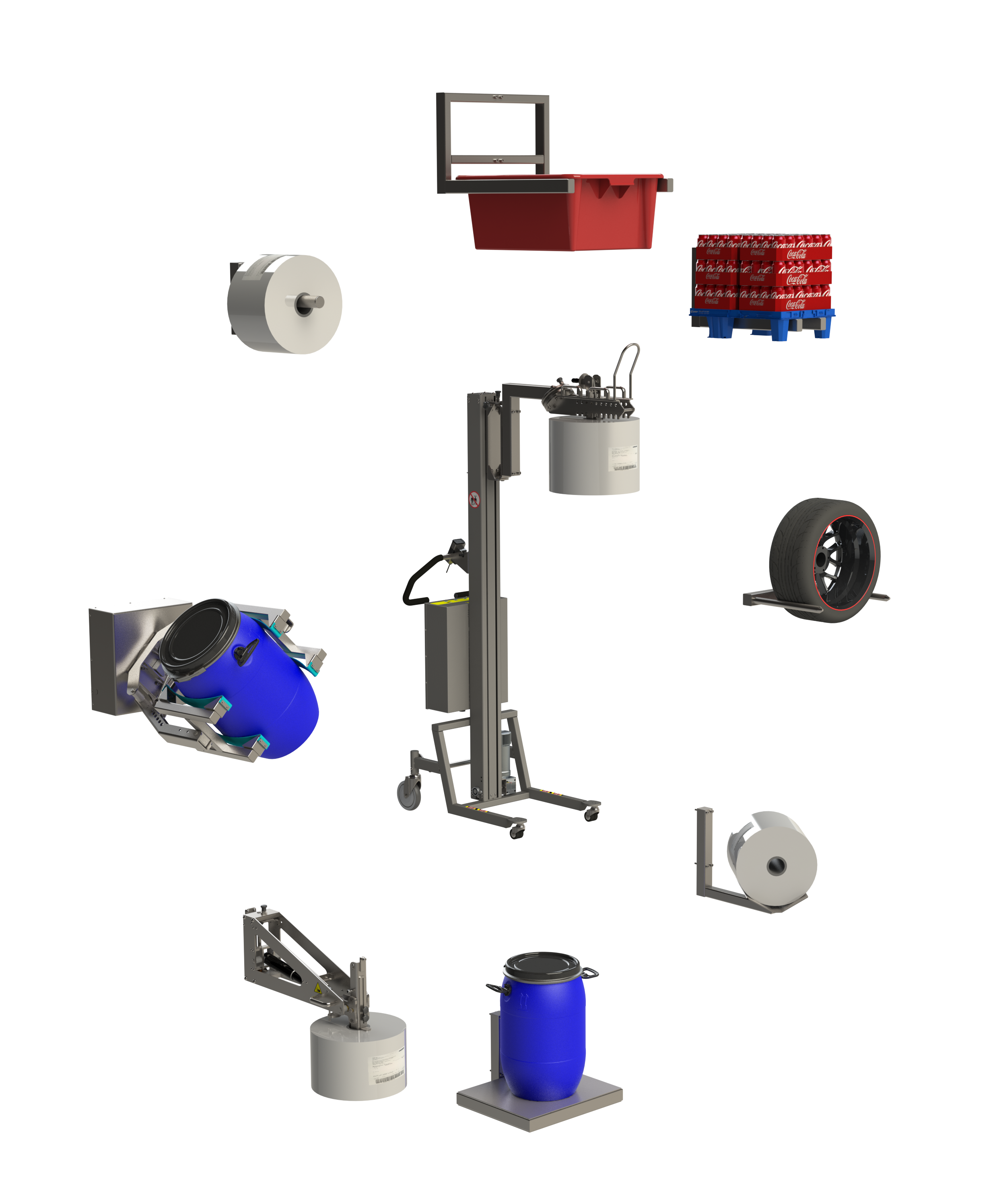 Industrial material handling equipment for lifting and handling rolls, boxes, pallets, and drums.