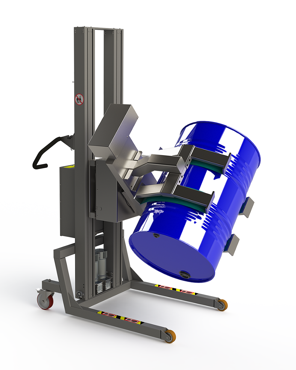 Fully electric industrial drum lifter handler with rotation unit and a linear lifter clamp for external holding of the drum or barrel.