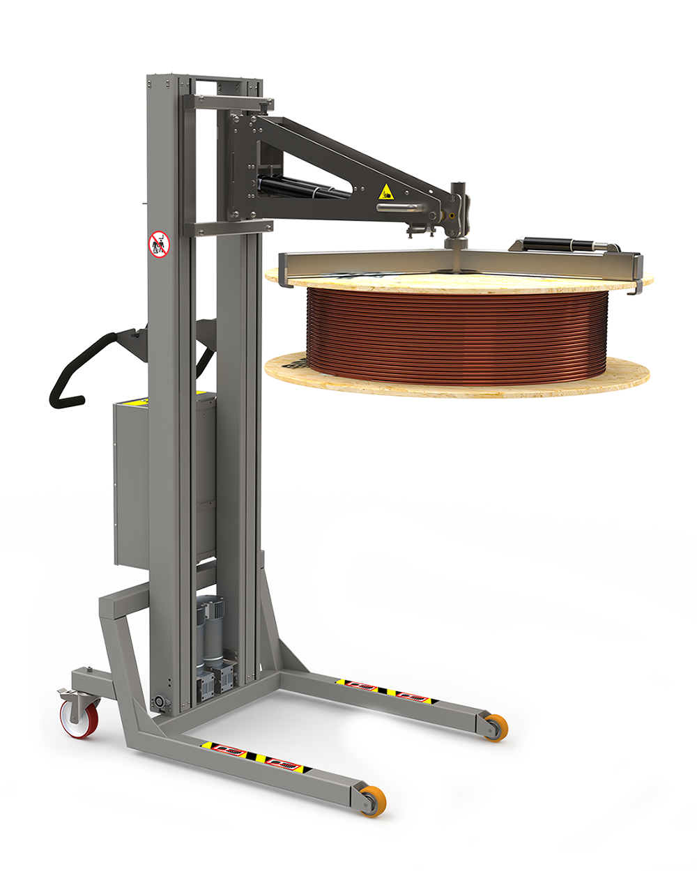 High quality electric reel handling solution for lifting and tipping heavy reels consisting of e.g. cables or wires.