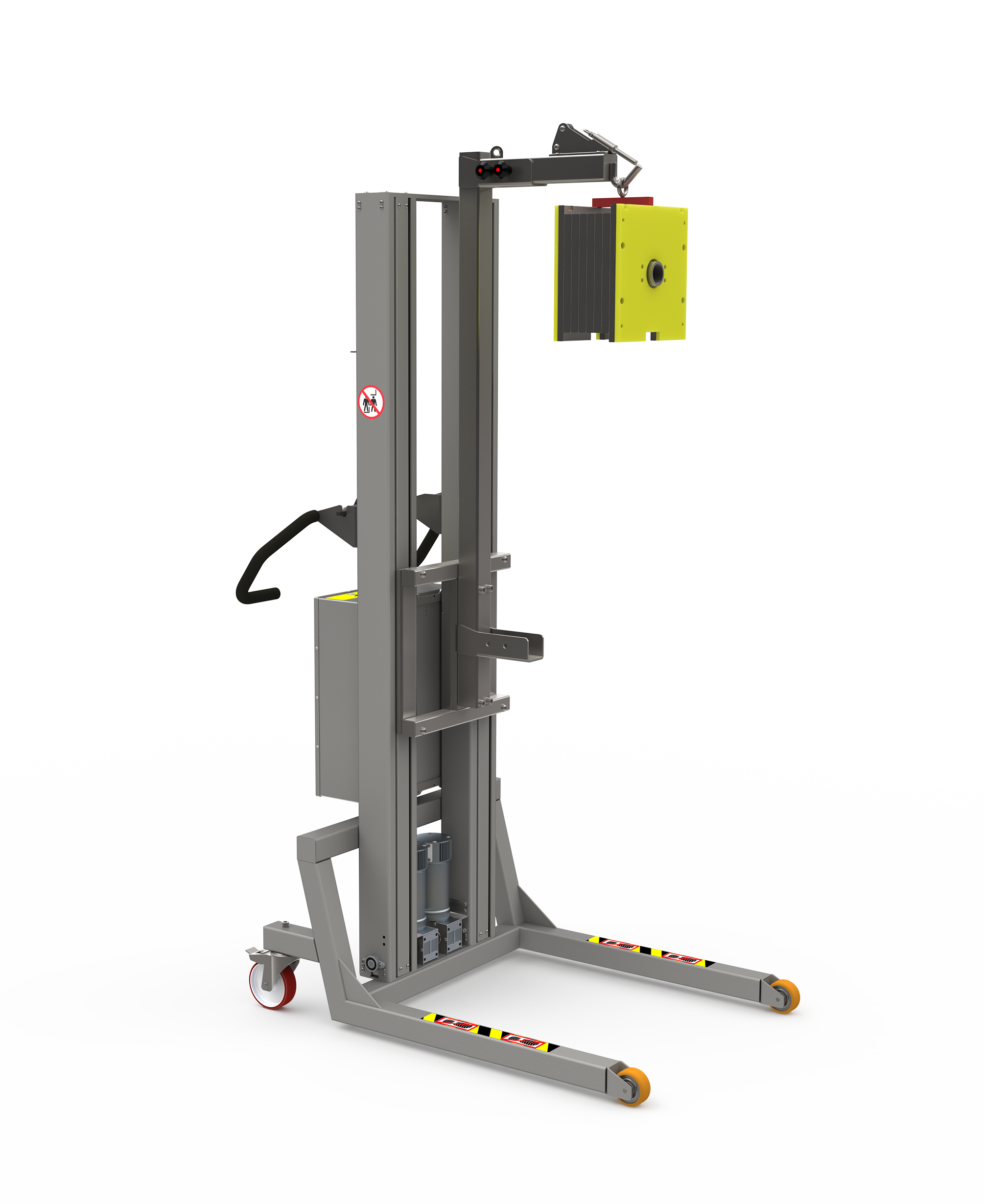 Bespoke crane lift with adjustable boom arm and hooking system for handling machine parts. 2Lift Aps.