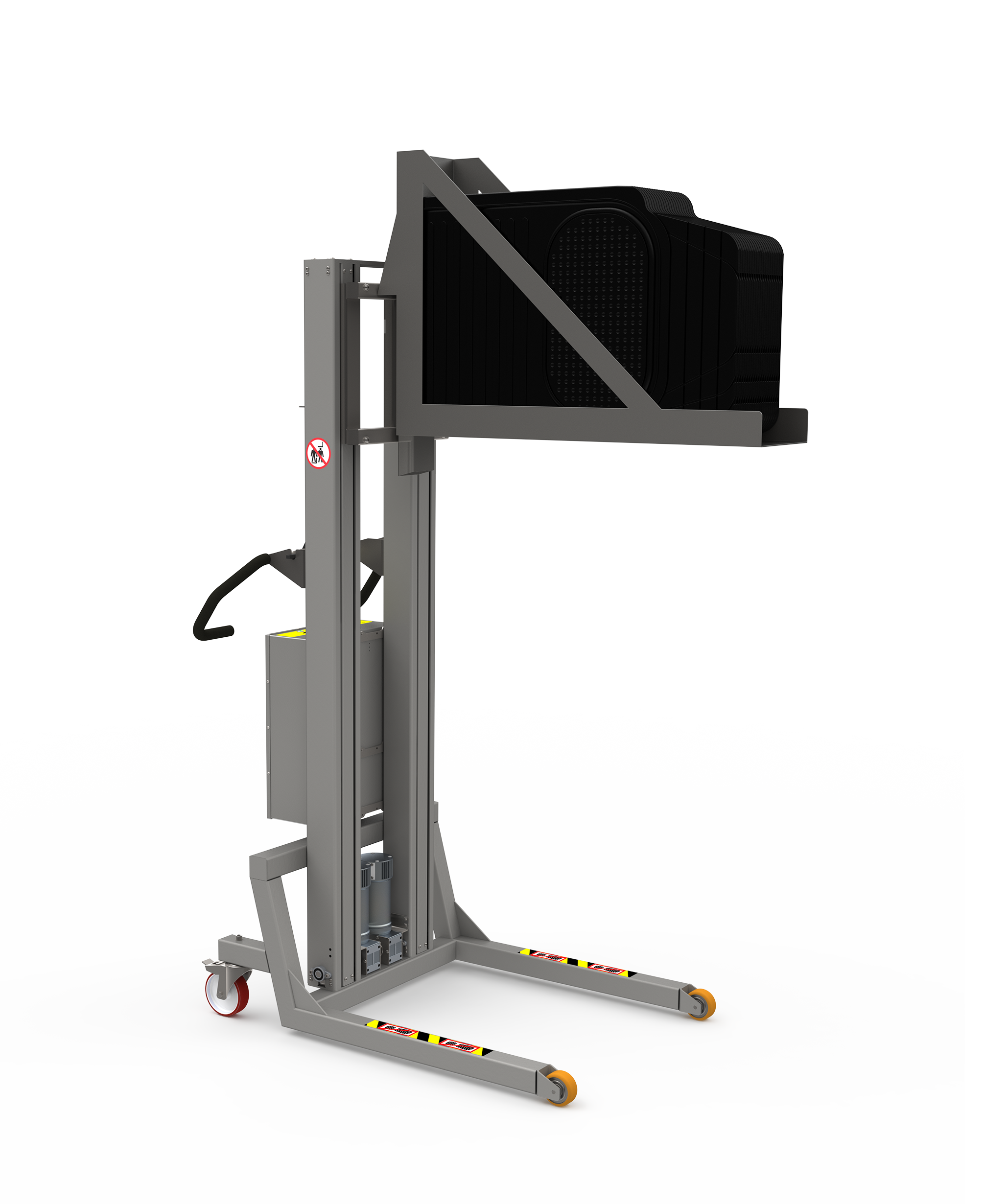 Custom lifter tool with specially designed platform for handling cassettes. A storage solution (OEM). 2Lift ApS.