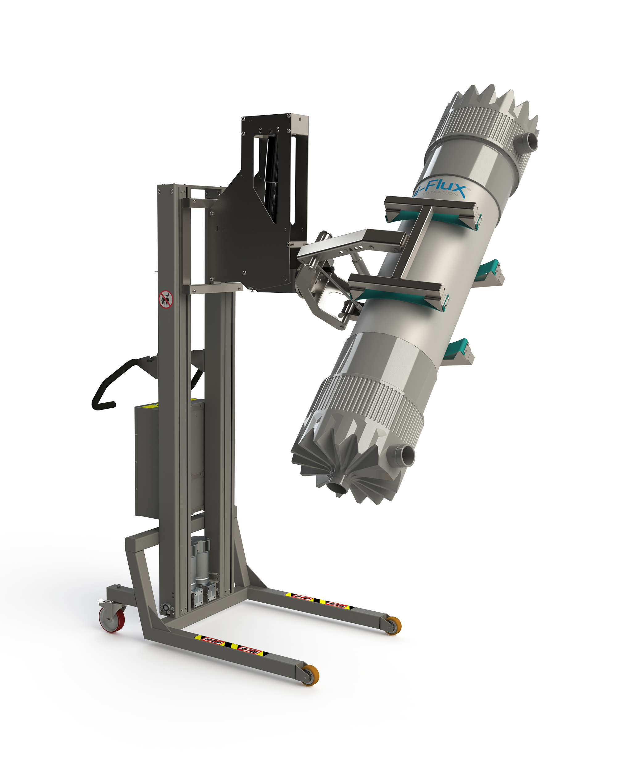 Specially designed electric cylinder handling equipment. This scissor lifting clamp can grip, tip and turn cylinders. 2Lift ApS.