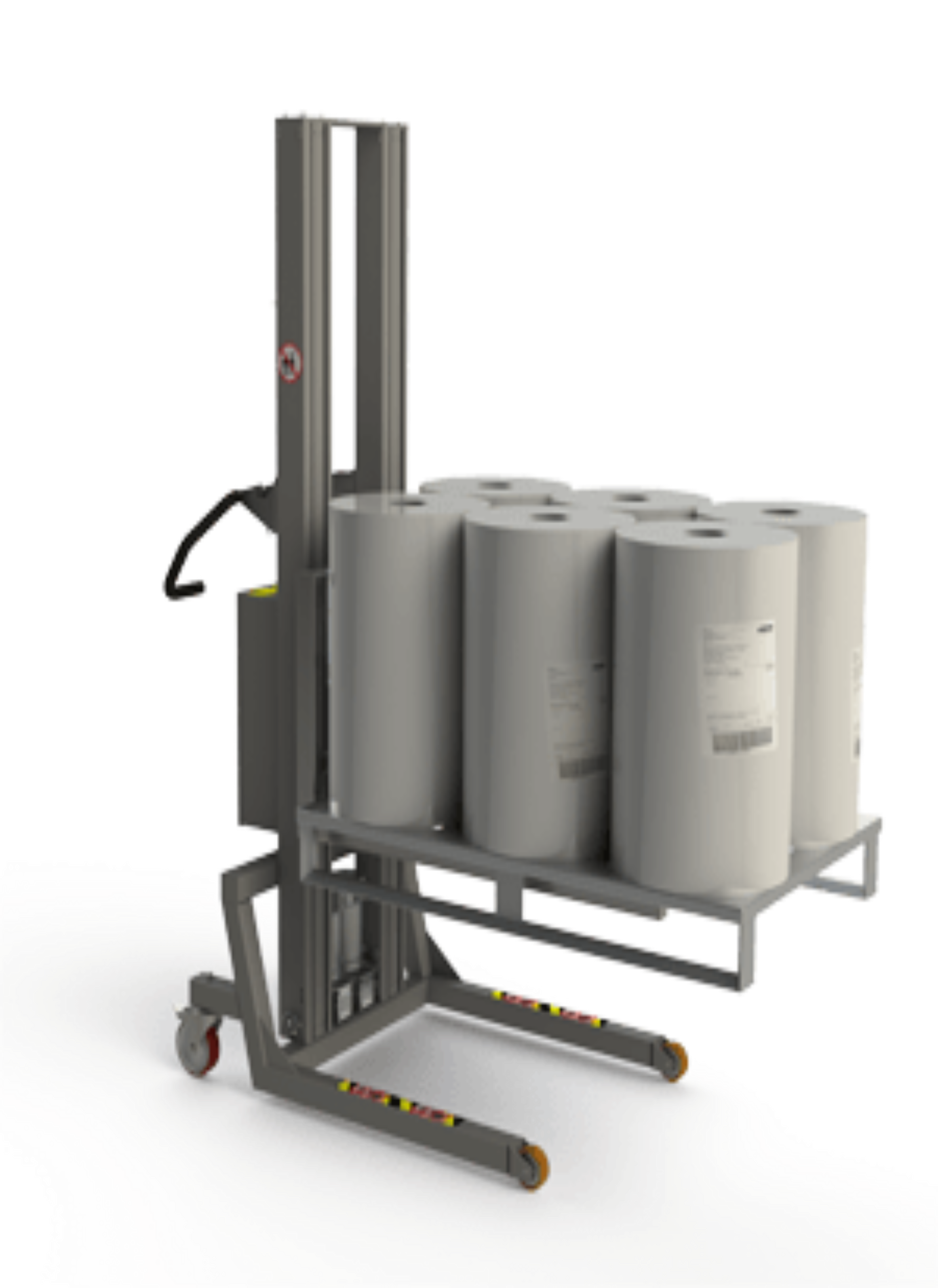 Industrial, electric pallet lifter using a fork to lift a pallet with six large, heavy rolls. 2Lift.