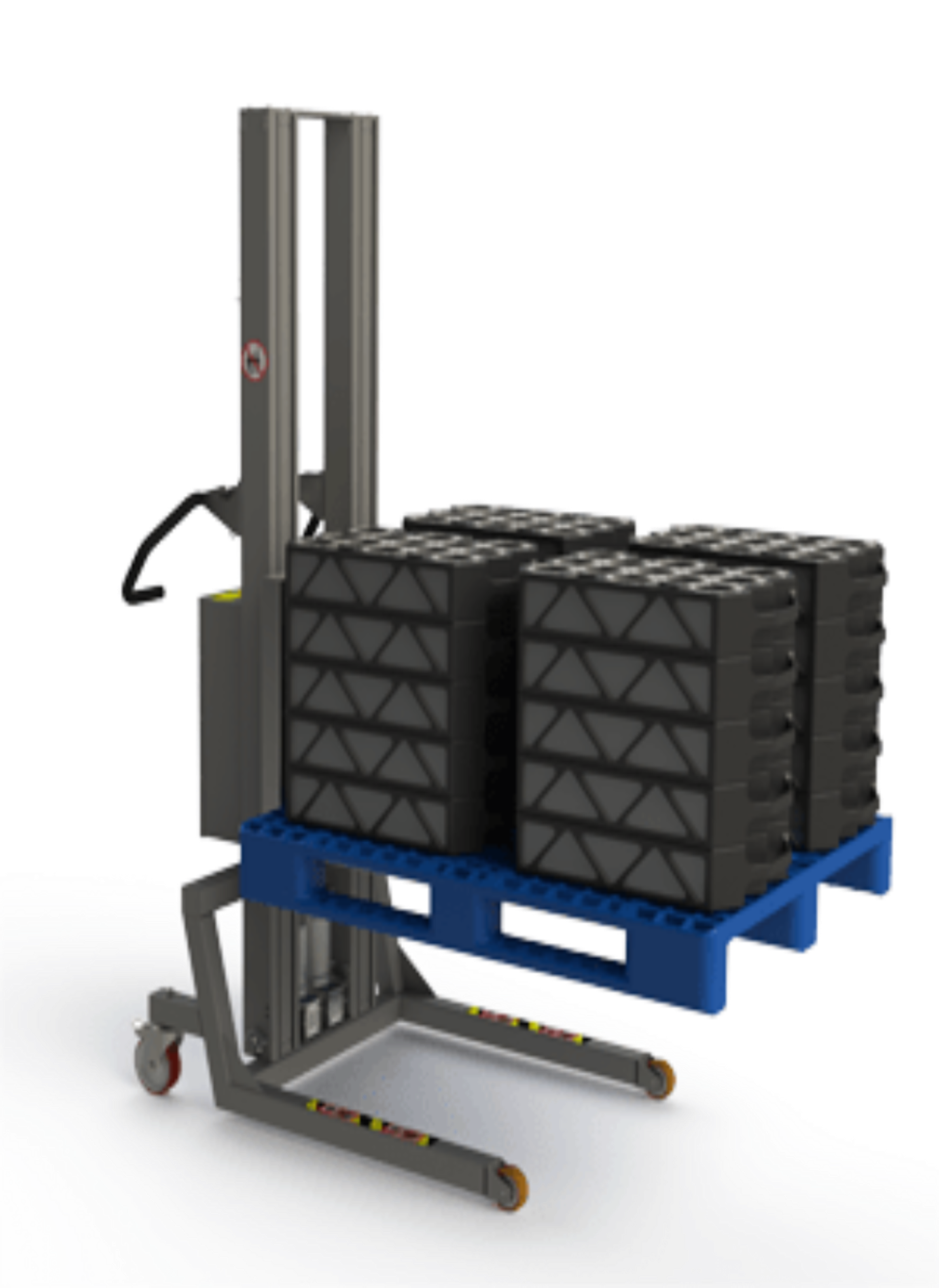 This vertical lift is ideal as pallet lifting equipment. Here a simple fork is used to lift a blue EUR 1 Euro-Pallet. 2Lift.