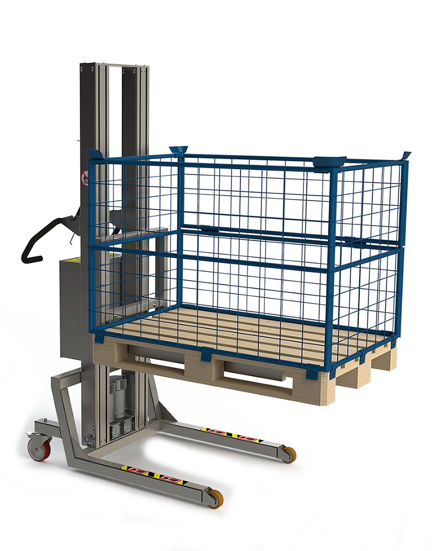 Strong and versatile pallet stacker for EUR 1 Euro-Pallets. Euro pallet with cage. 2Lift.
