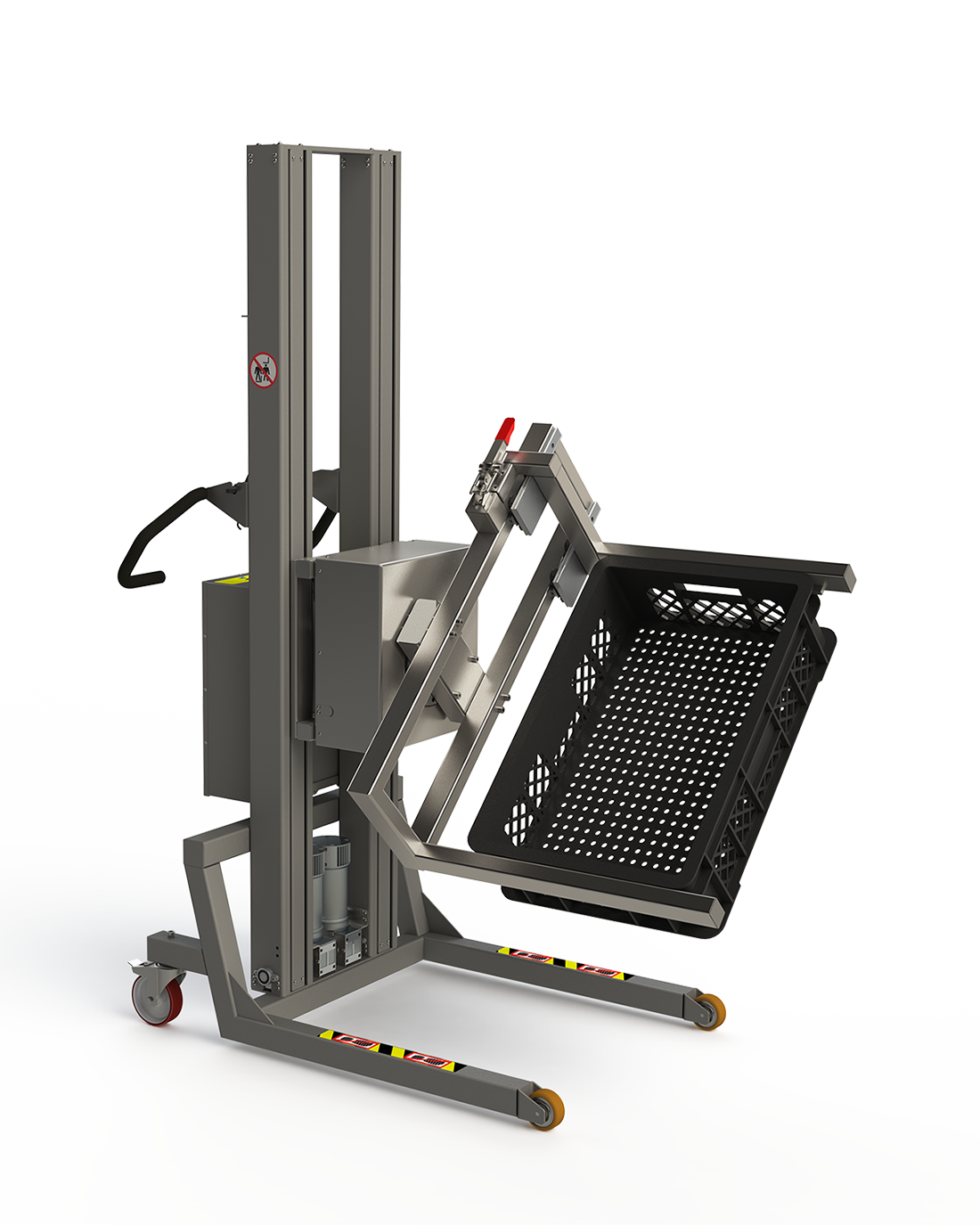 Intelligent handling machine with custom designed fork to lift and empty an ERU black plastic box. 2Lift ApS.