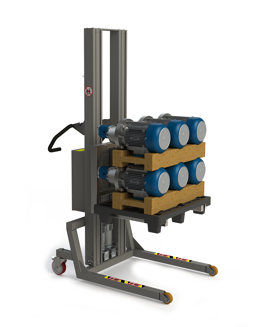 Adaptable pallet handling equipment with a fork. Half pallet with motors. 2Lift.