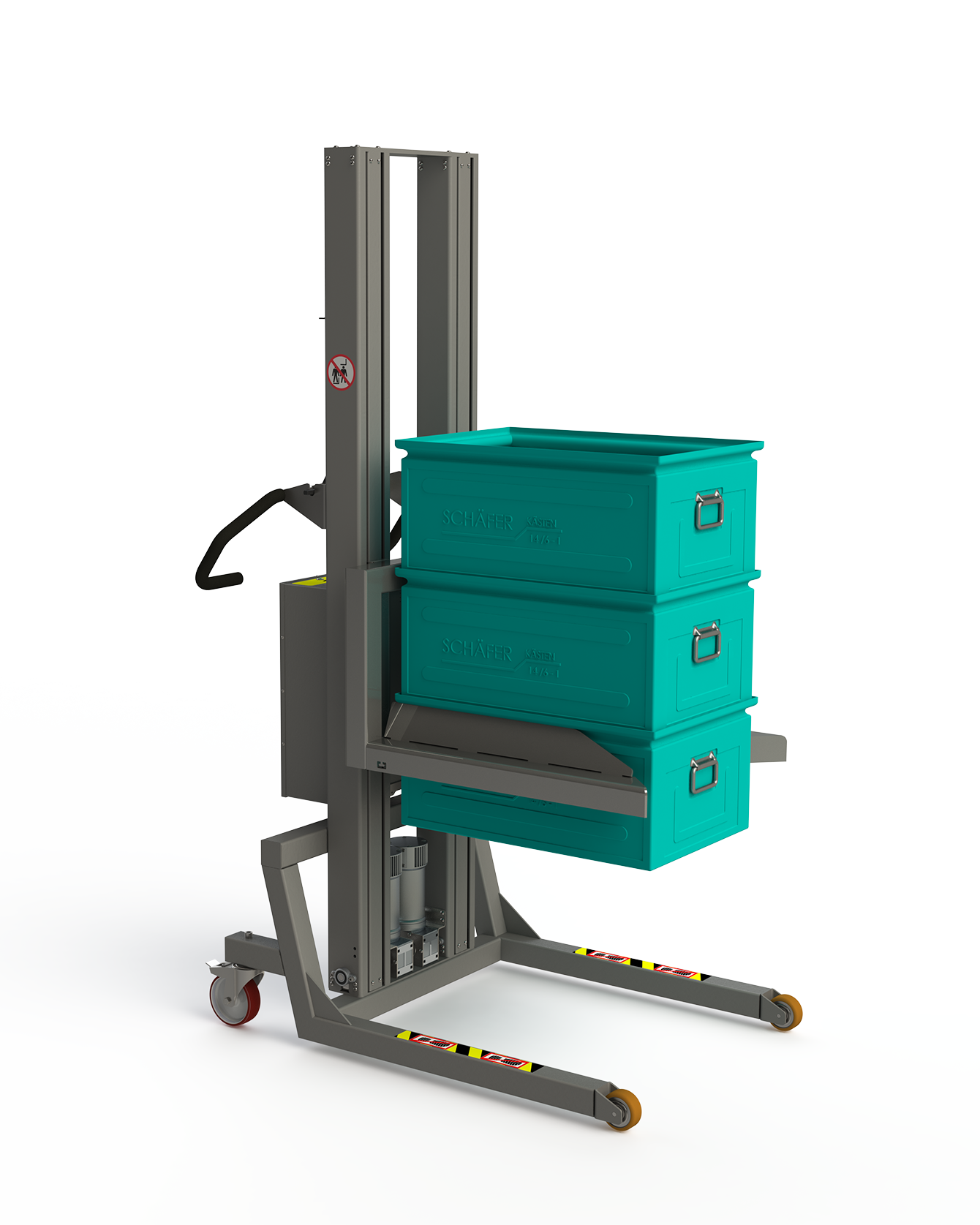 Strong material lifting equipment with a fork fitted with self-clamping edges ideal for lifting metal boxes.