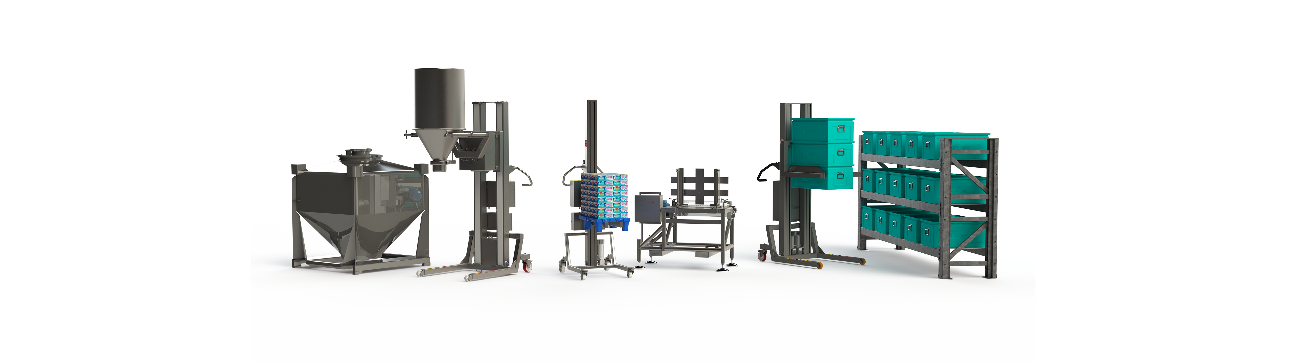 Industrial material handling equipment for the food and beverage, pharmaceutical and storage industry.