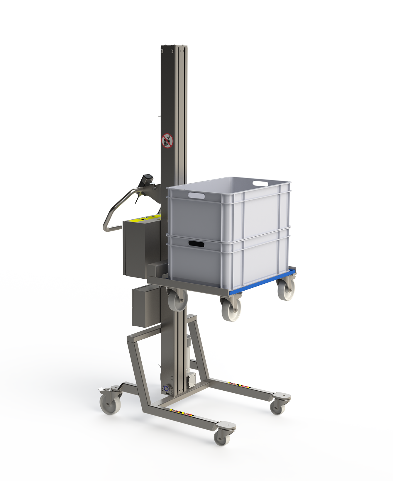 Stainless steel material handling lift ideal for the food and beverage industry. Here the lifting tool is an angle-shaped fork able to lift a dolly with two plastic boxes.