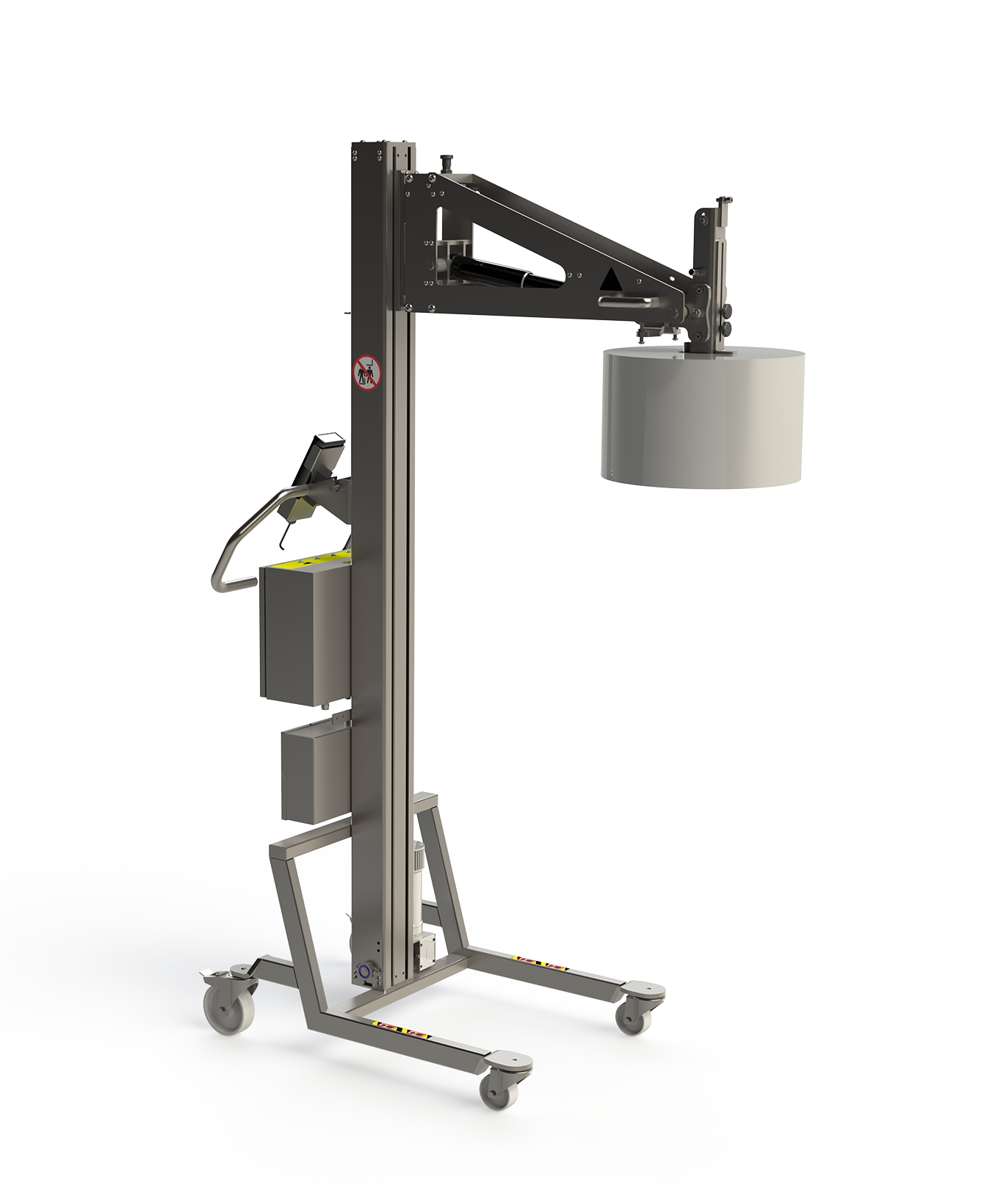 Stainless steel and corrosive resistant electric roll lifter with core grip for handling e.g. paper. The lifting tool can lift and tip the roll.