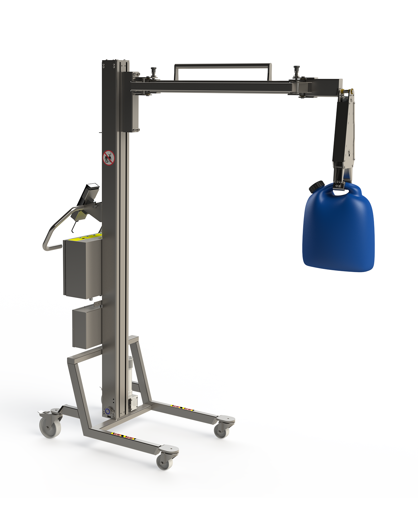 Customised lifting mechanism for gripping cans. The load is lifted via an electric gripper. 2Lift Aps.