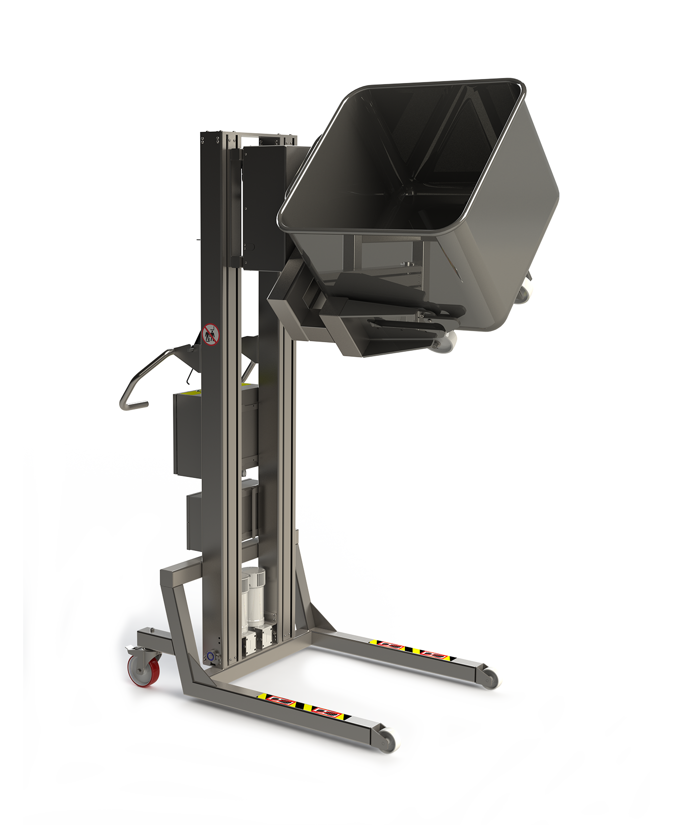 Customised electric stainless steel lifter with a specially built fork to lift and turn a special trolley in the food and beverage industry.