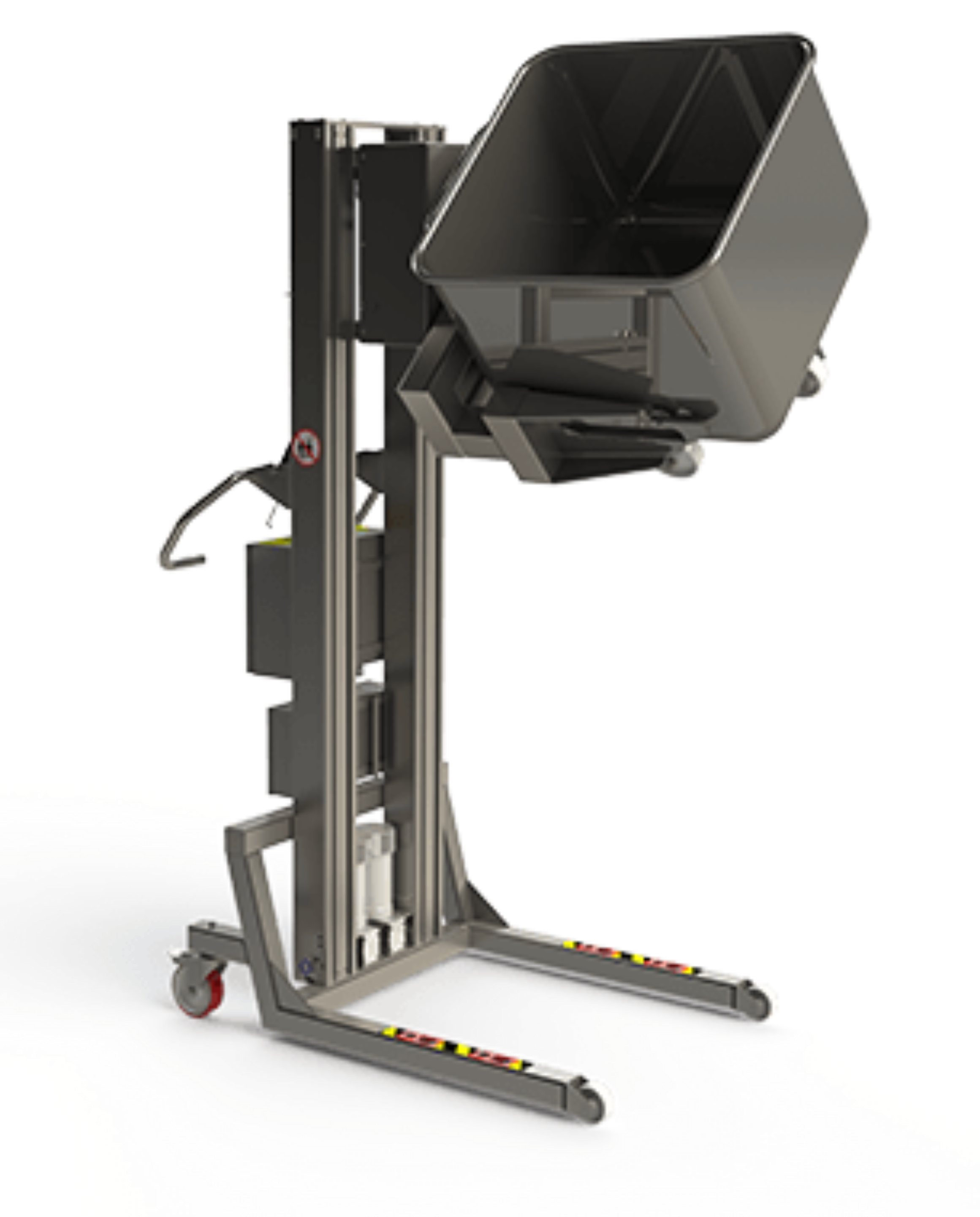 Customised electric stainless steel lifter with a specially built fork to lift and turn a special trolley in the food and beverage industry.
