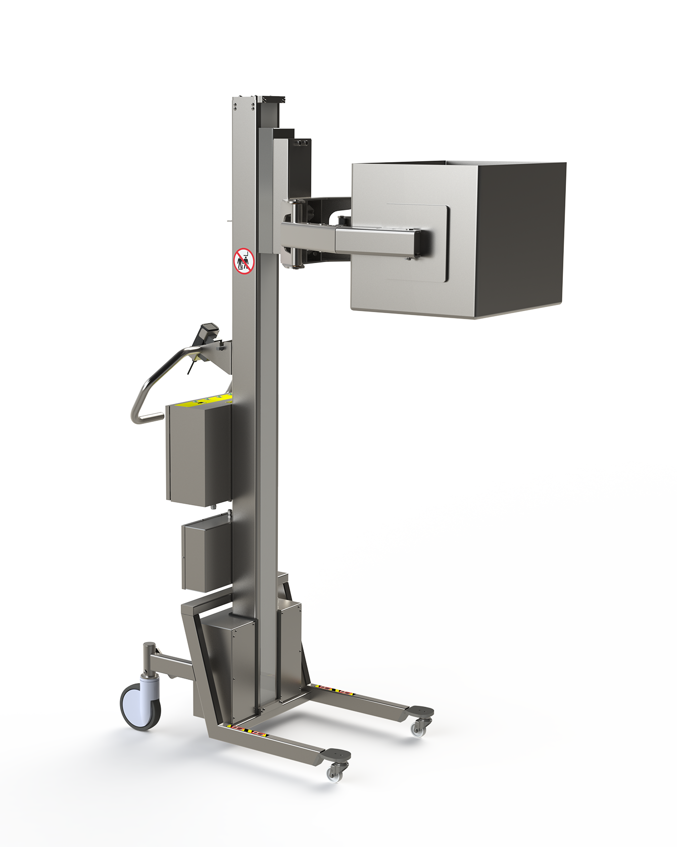 This industrial lifting system features a special box gripper consisting of an electric clamp with rubber padded grippers.