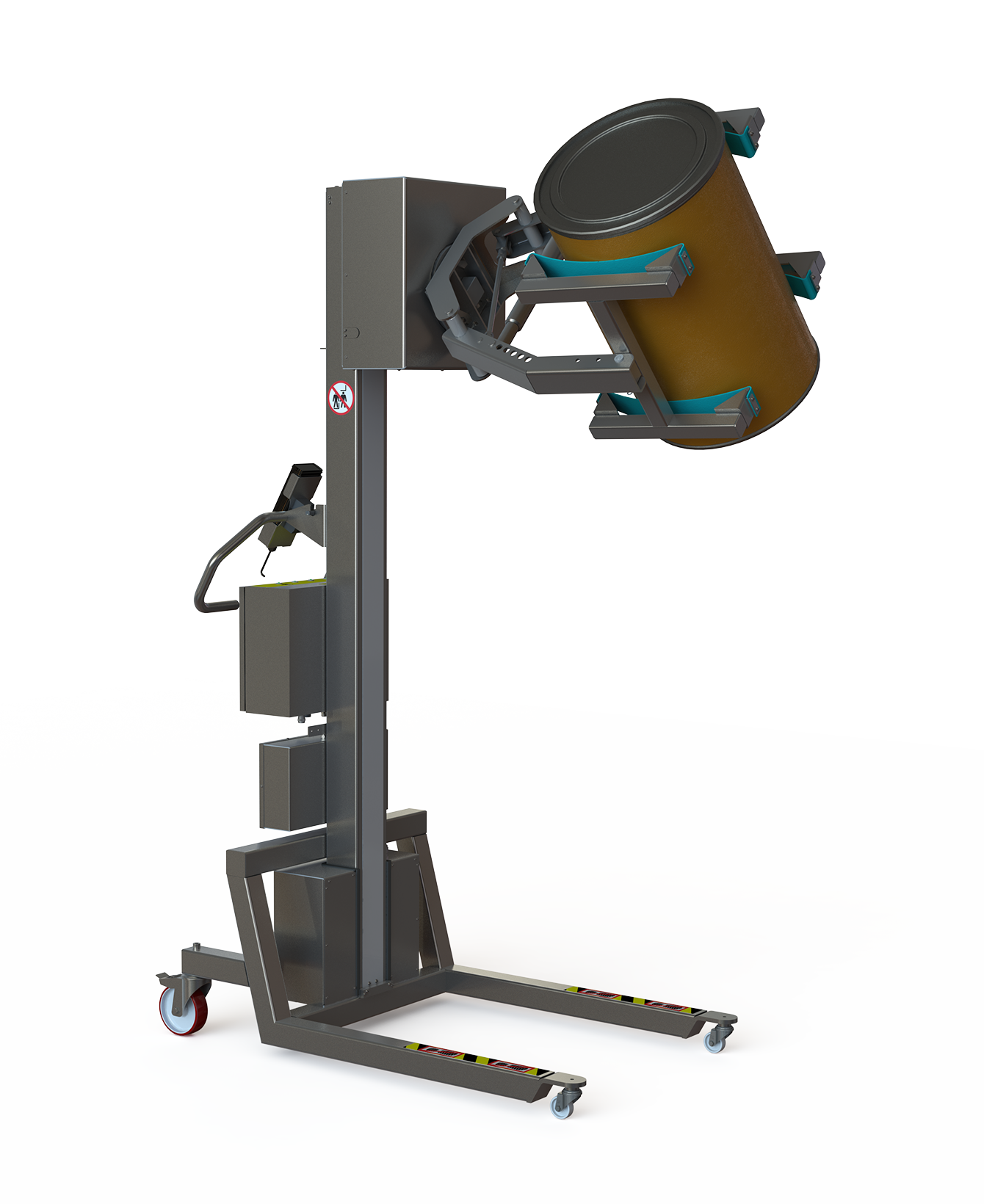 This stainless steel, clean room electric drum handler solution features a rotation unit and a scissor lifting clamp ideal for handling drums in pharmaceutical environments.